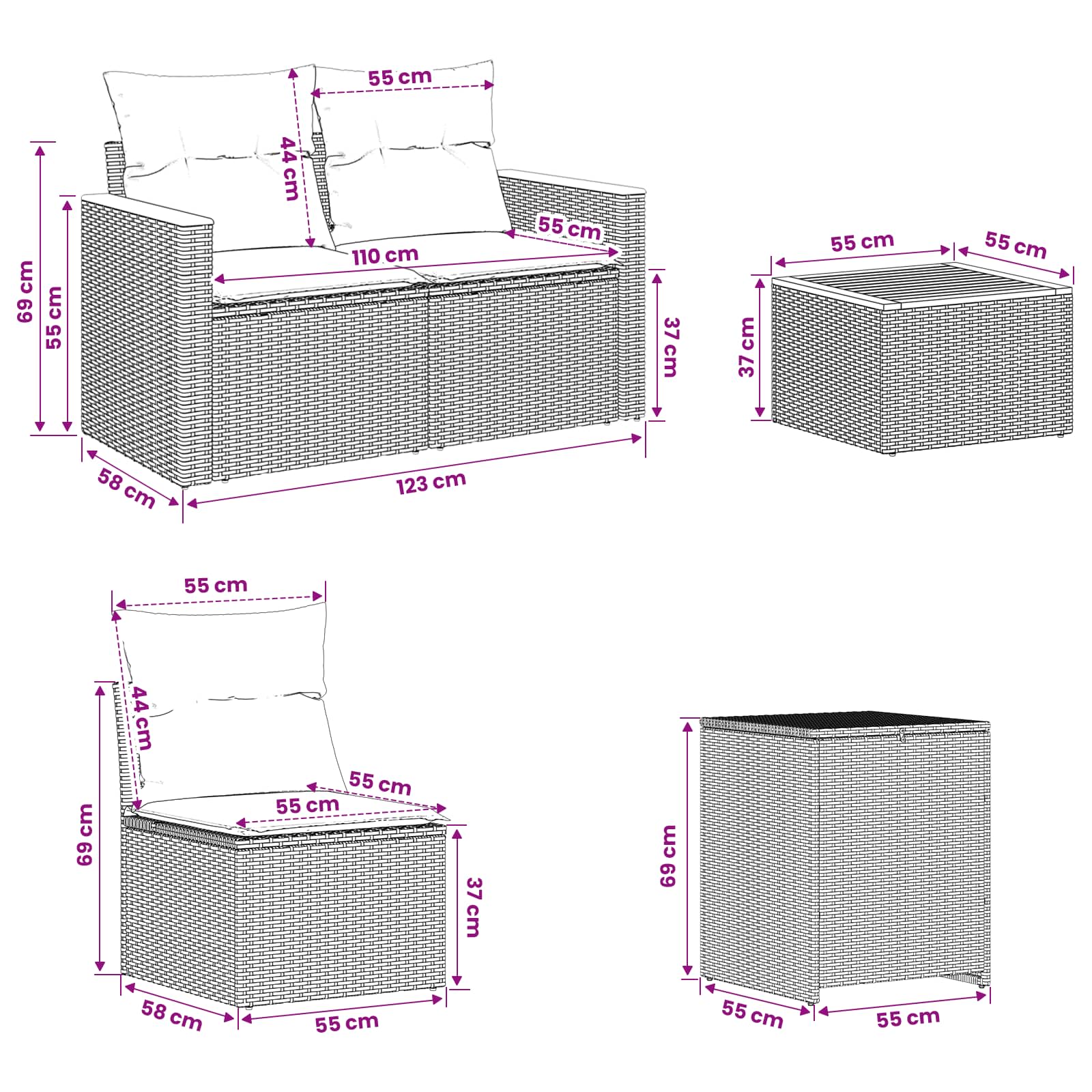 Sofa Set 6 stk. Schwarz und Cremeweiß Polyrattan und Stahl