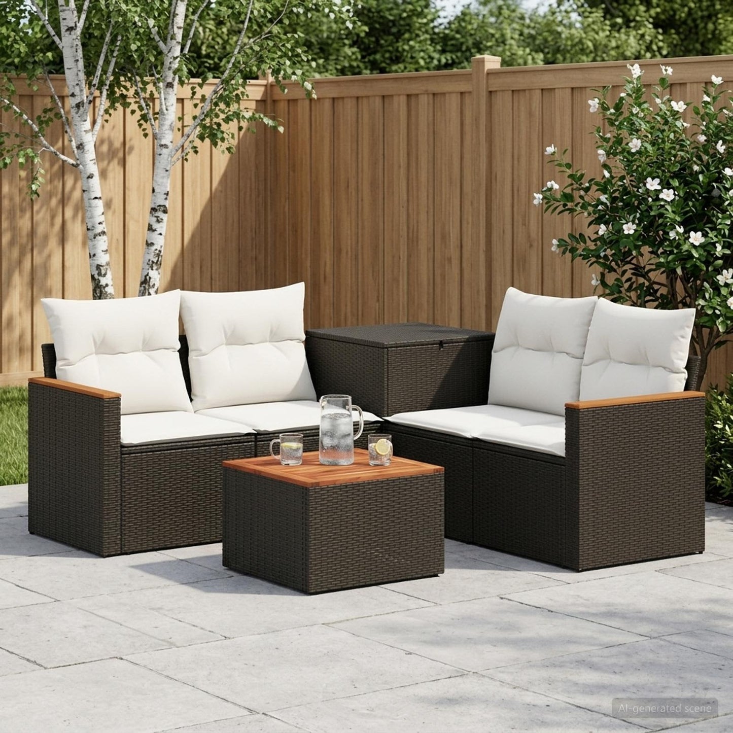 Sofa Set 6 stk. Schwarz und Cremeweiß Polyrattan und Stahl