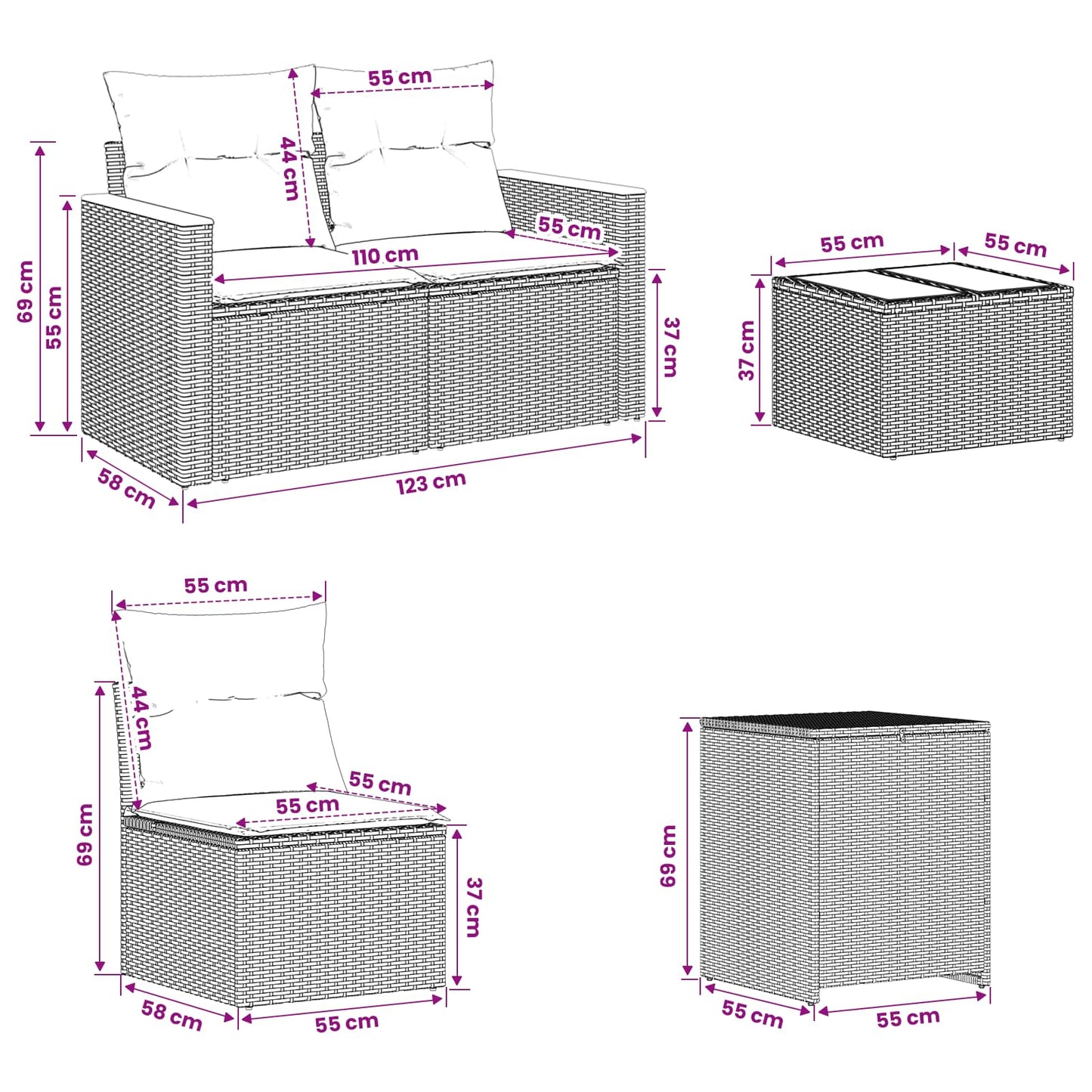 Sofa Set 6 stk. Grau und Dunkelgrau Polyrattan und Stahl