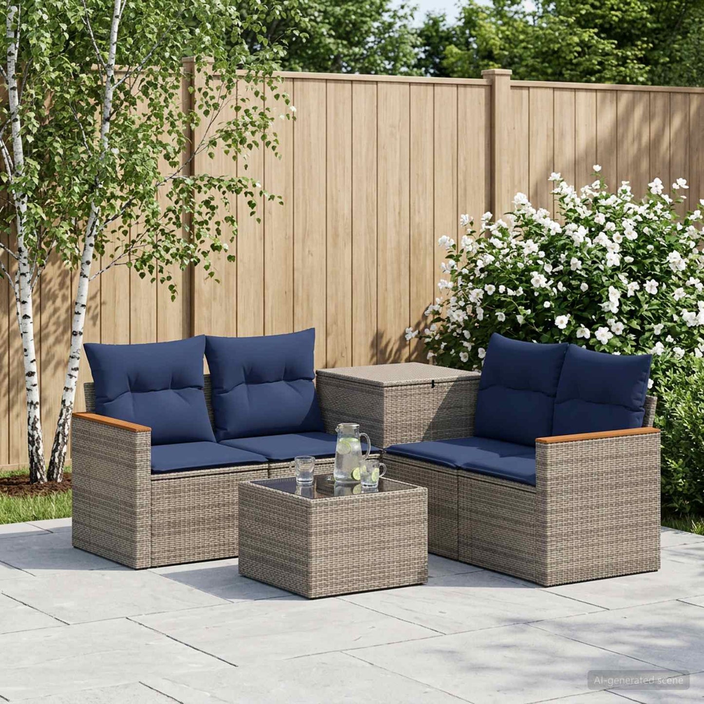 Sofa Set 6 stk. Grau und Marineblau Polyrattan und Stahl