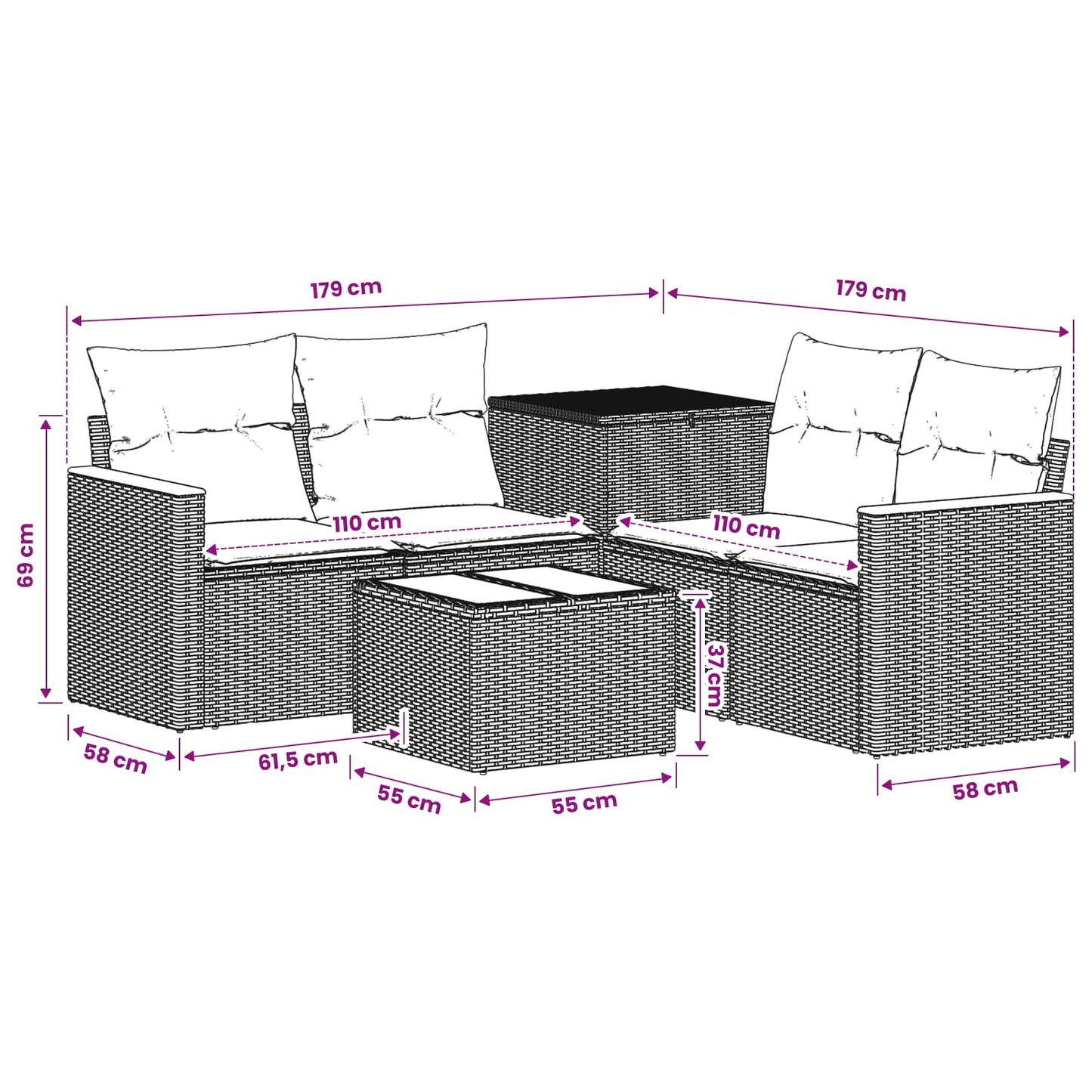 Sofa Set 6 stk. Grau und Marineblau Polyrattan und Stahl