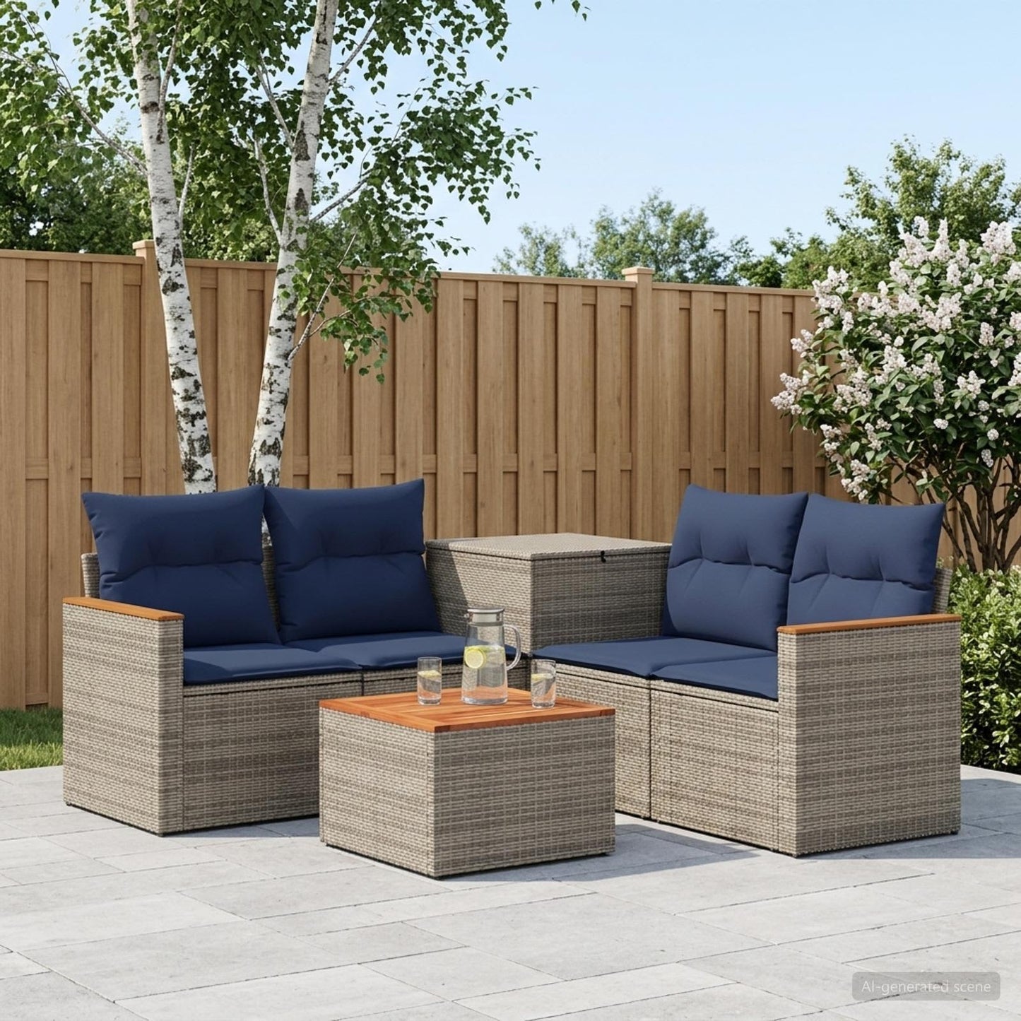 Sofa Set 6 stk. Grau und Marineblau Polyrattan und Stahl