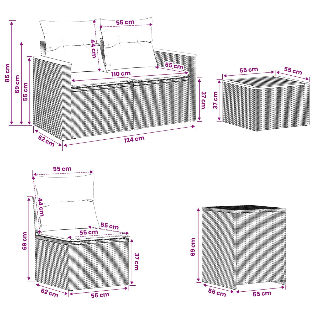 Sofa Set 6 stk. Beige und Cremeweiß 55 x 55 x 37 cm