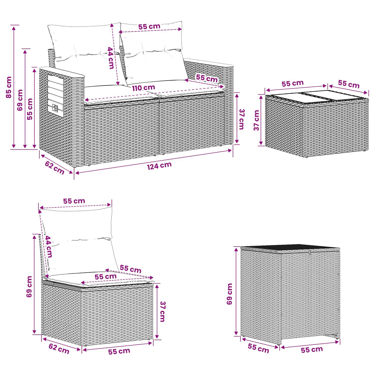 Sofa Set 6 stk. Schwarz und Cremeweiß 55 x 55 x 37 cm