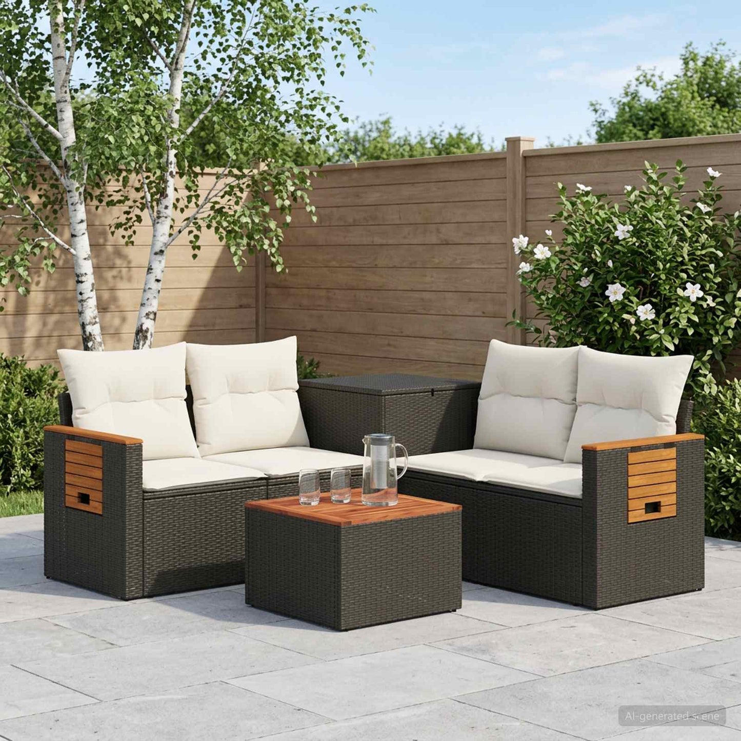 Sofa Set 6 stk. Schwarz und Cremeweiß Polyrattan und Stahl