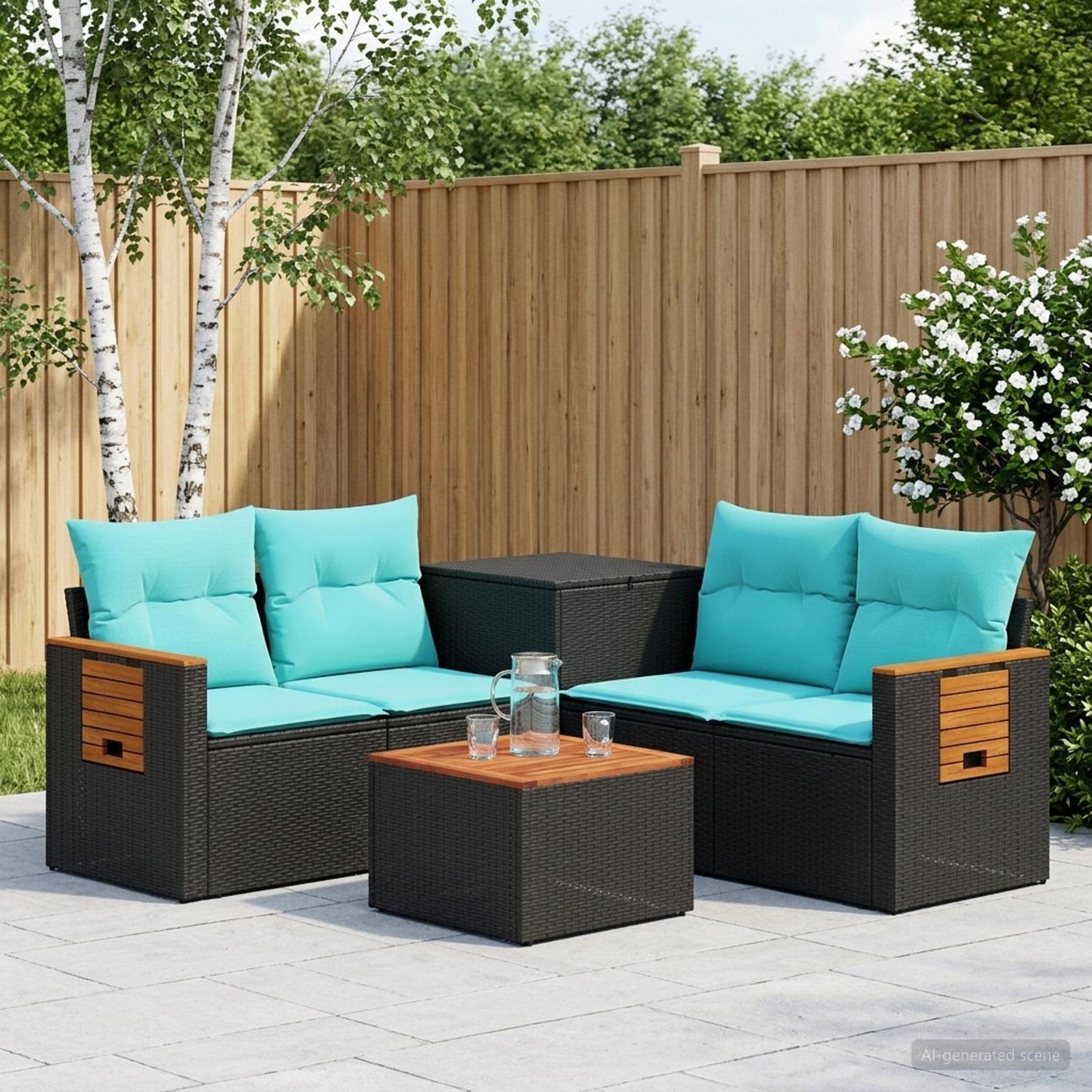 Sofa Set 6 stk. Schwarz und Blau Polyrattan und Stahl
