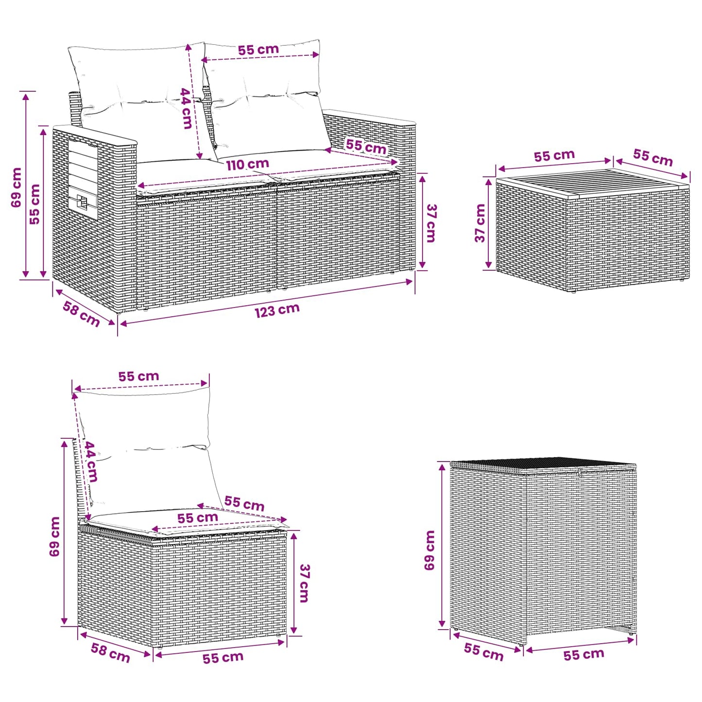 Sofa Set 6 stk. Schwarz und Blau Polyrattan und Stahl