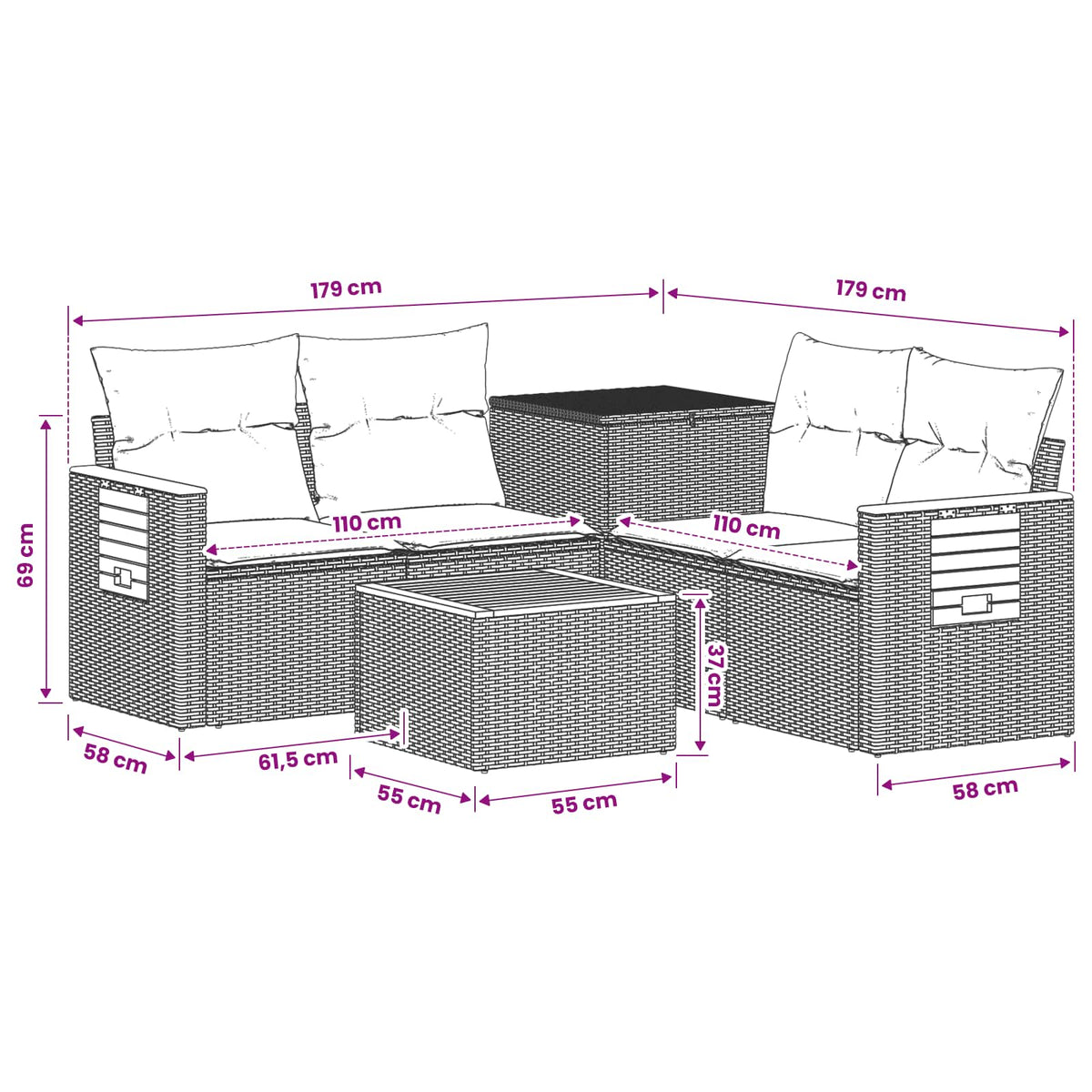 Sofa Set 6 stk. Schwarz Polyrattan und Stahl