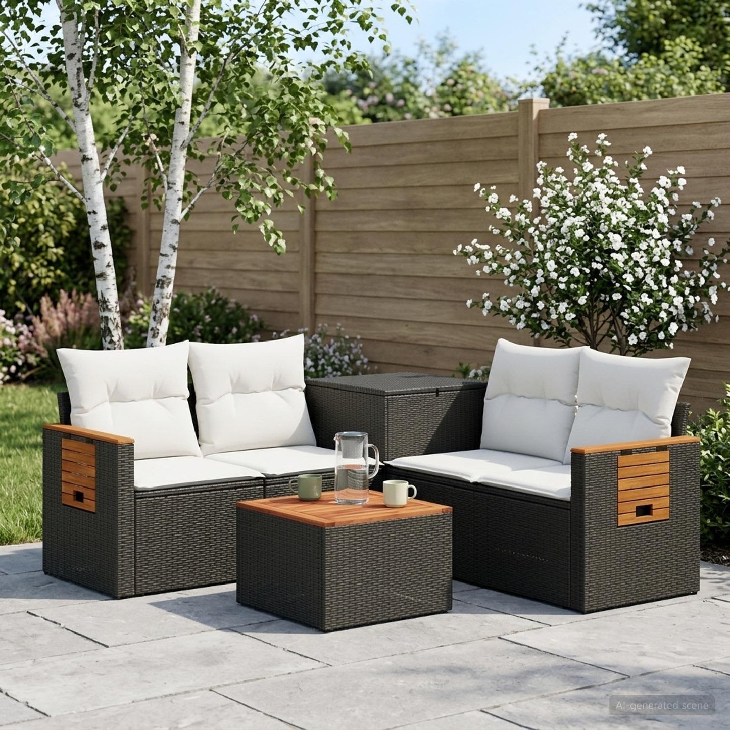 Sofa Set 6 stk. Schwarz und Cremeweiß Polyrattan und Stahl