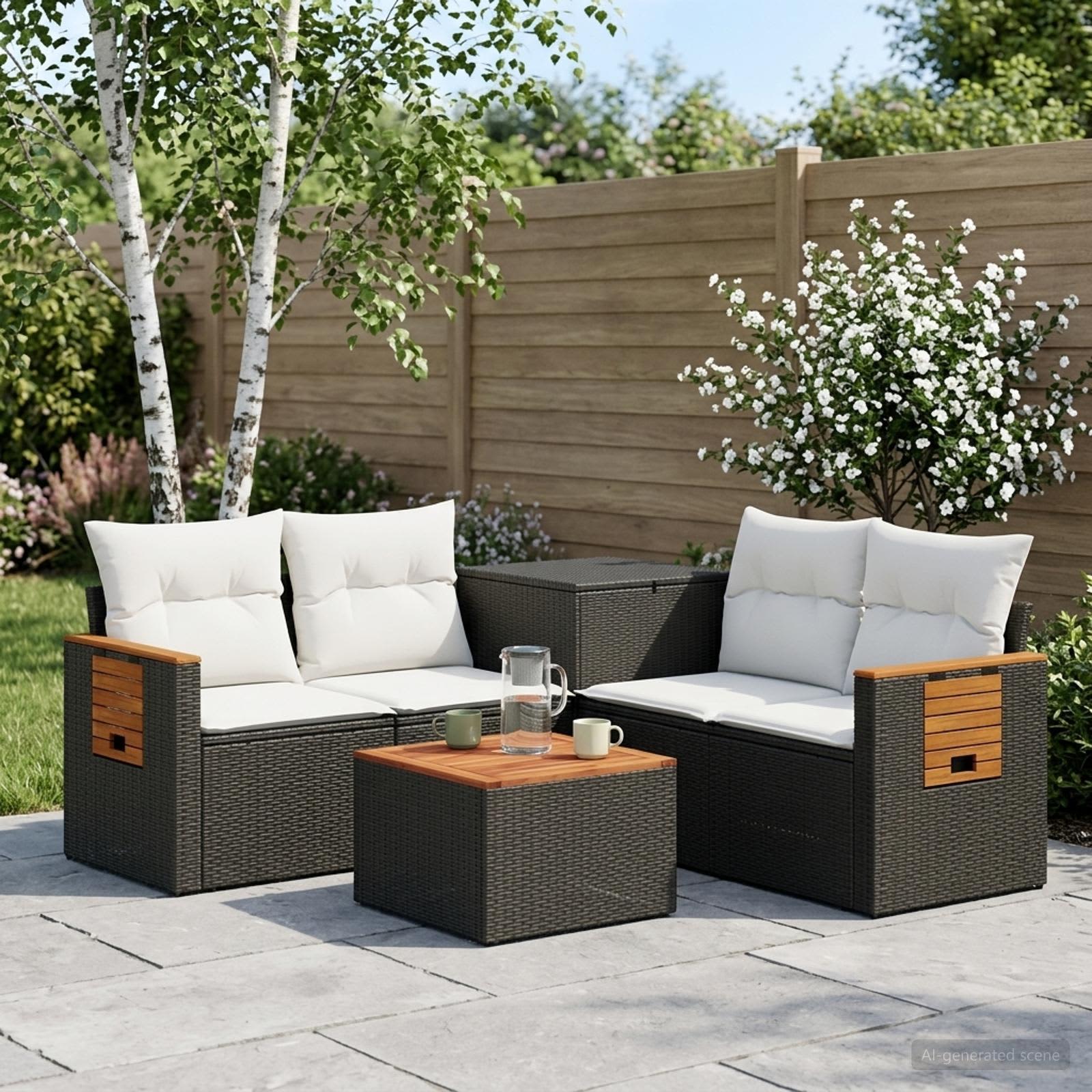 Sofa Set 6 stk. Schwarz und Cremeweiß Polyrattan und Stahl