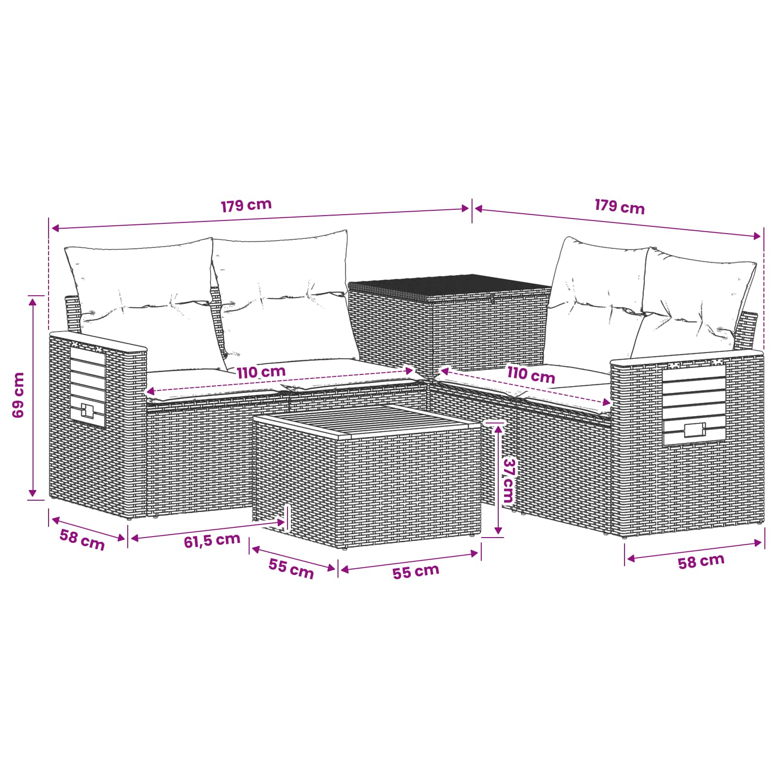 Sofa Set 6 stk. Schwarz und Cremeweiß Polyrattan und Stahl