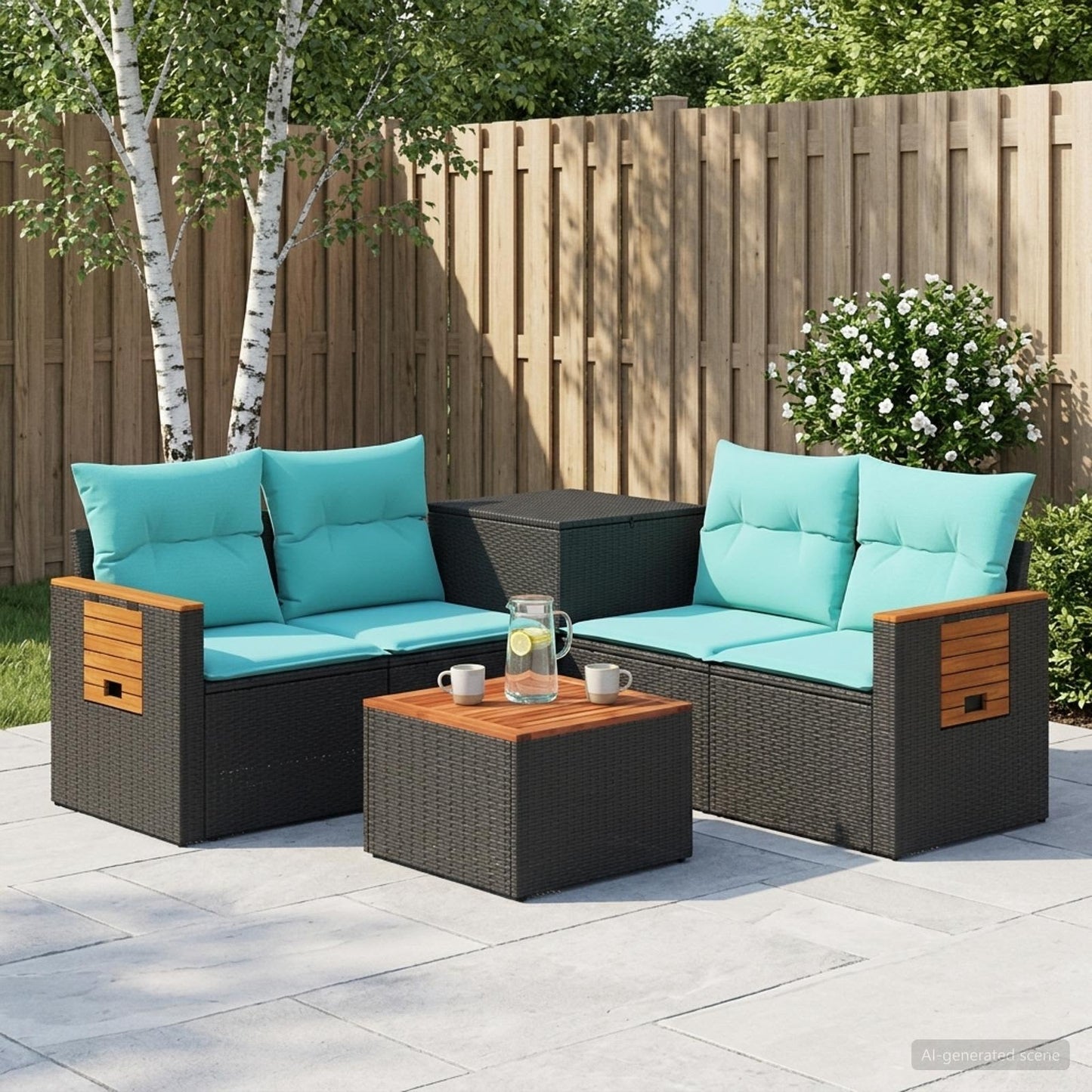 Sofa Set 6 stk. Schwarz und Blau Polyrattan und Stahl