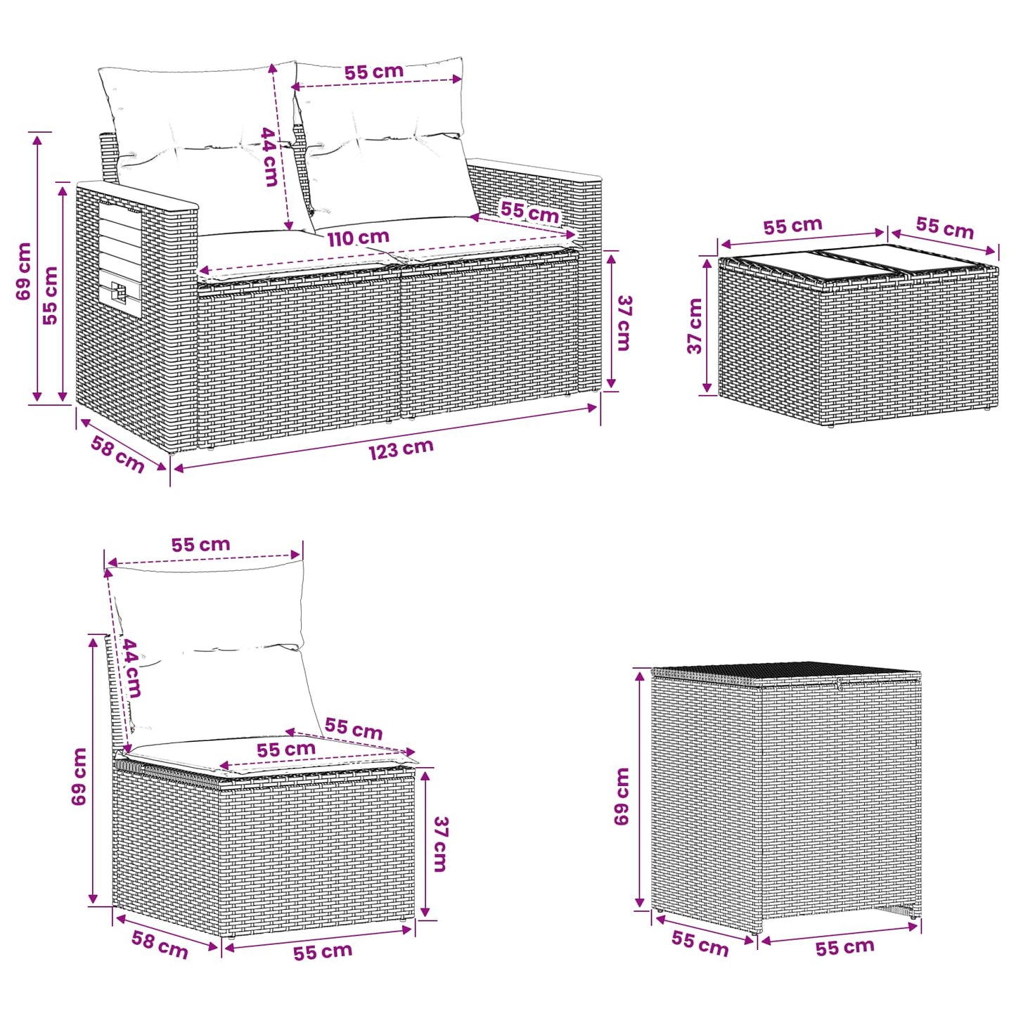 Sofa Set 6 stk. Grau und Dunkelgrau Polyrattan und Stahl