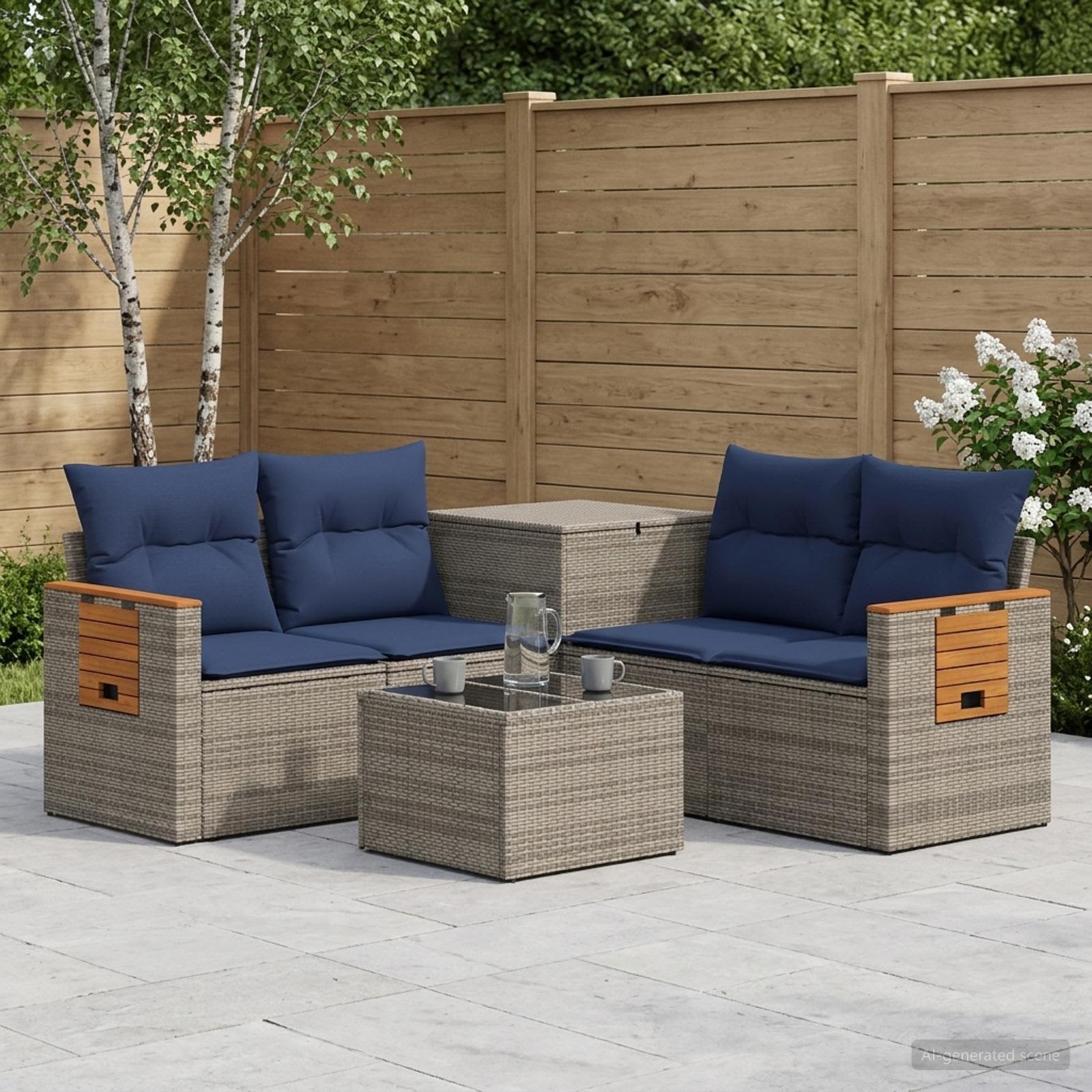 Sofa Set 6 stk. Grau und Marineblau Polyrattan und Stahl