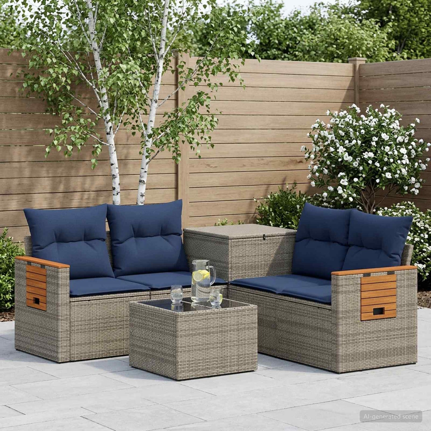Sofa Set 6 stk. Grau und Marineblau Polyrattan und Stahl