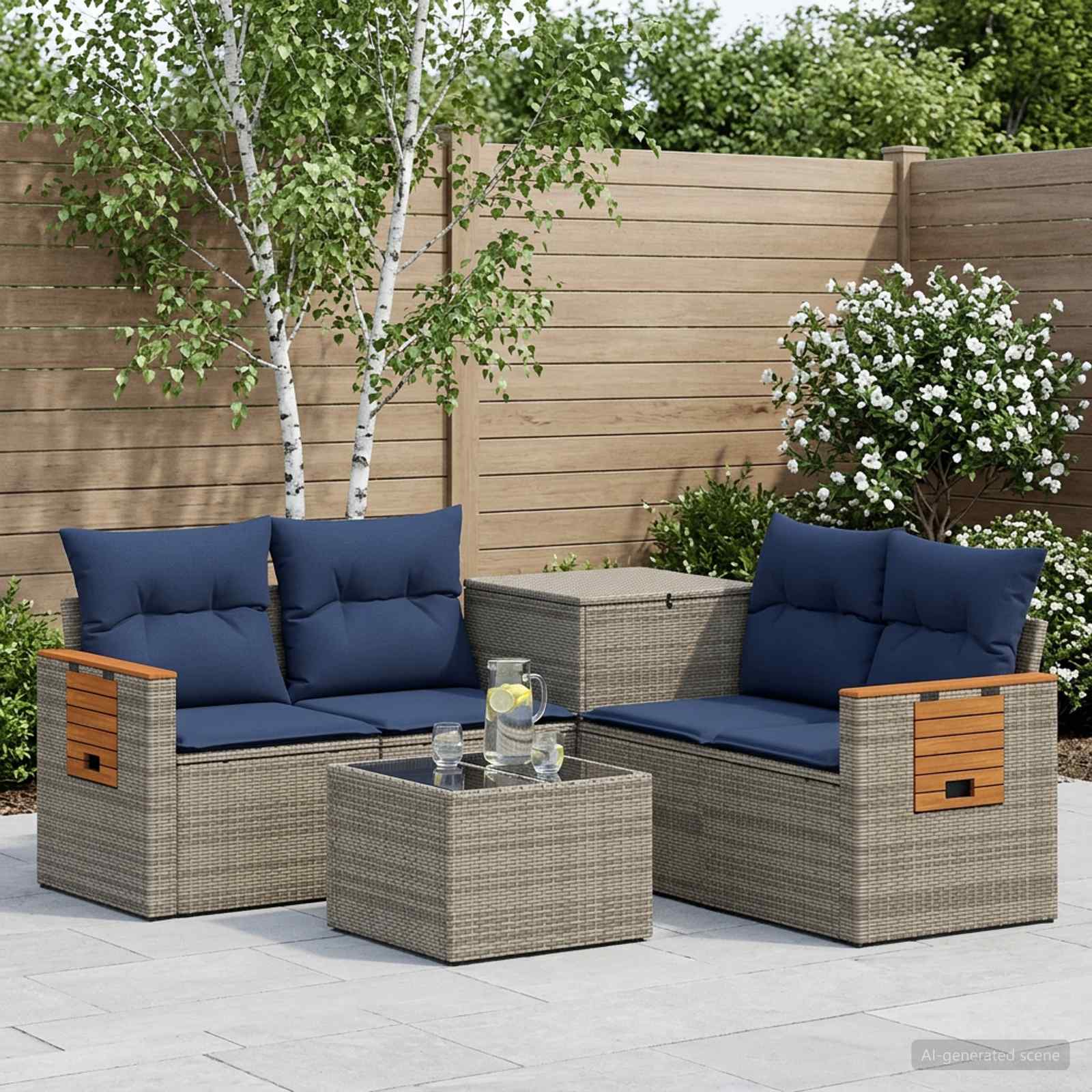Sofa Set 6 stk. Grau und Marineblau Polyrattan und Stahl