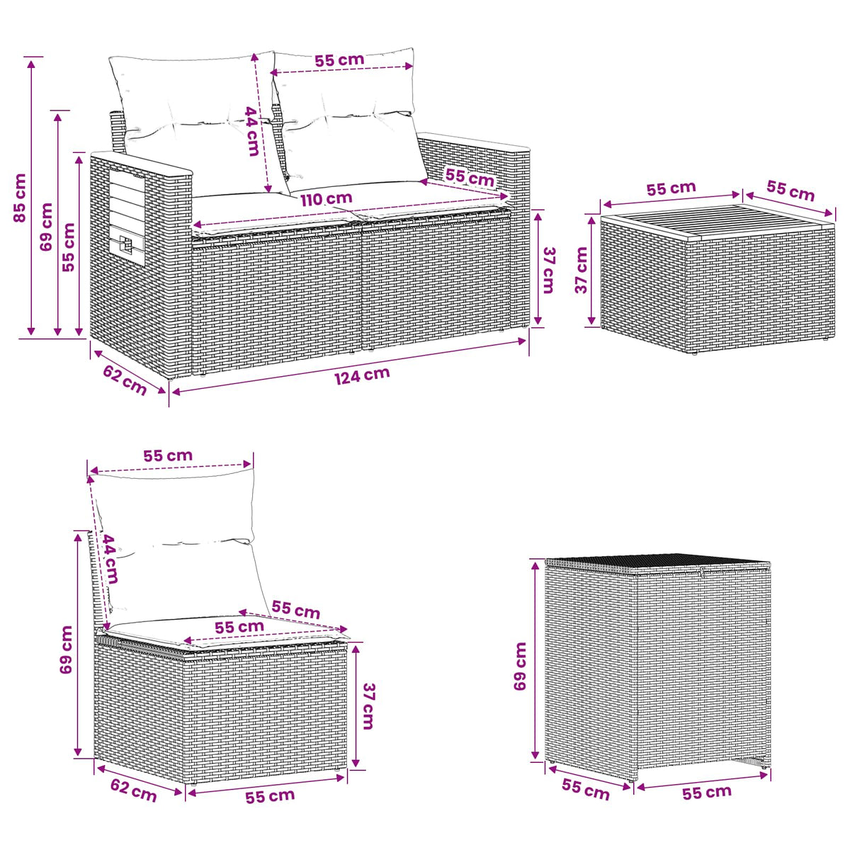 Sofa Set 6 stk. Grau und Dunkelgrau 55 x 55 x 37 cm