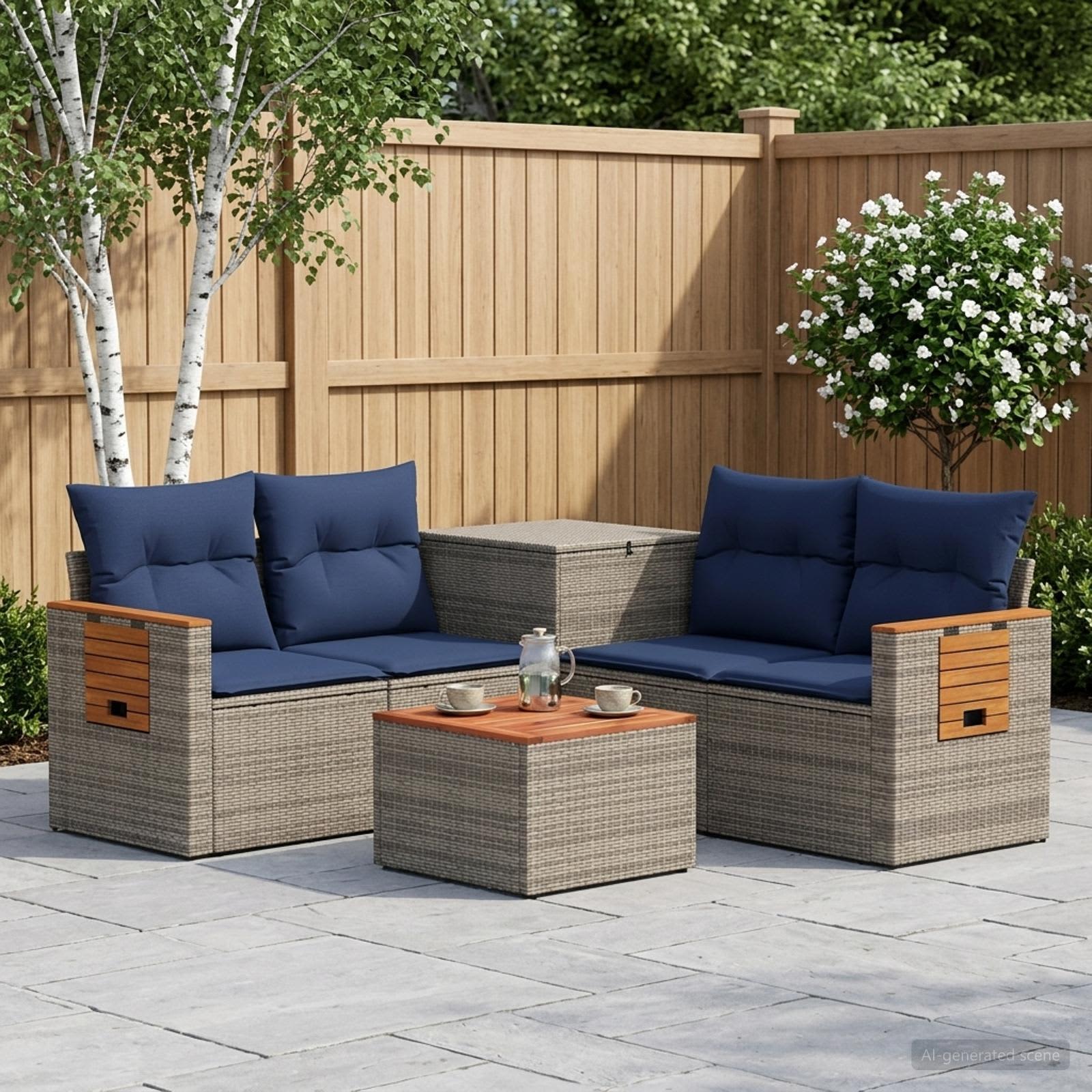Sofa Set 6 stk. Grau und Marineblau Polyrattan und Stahl
