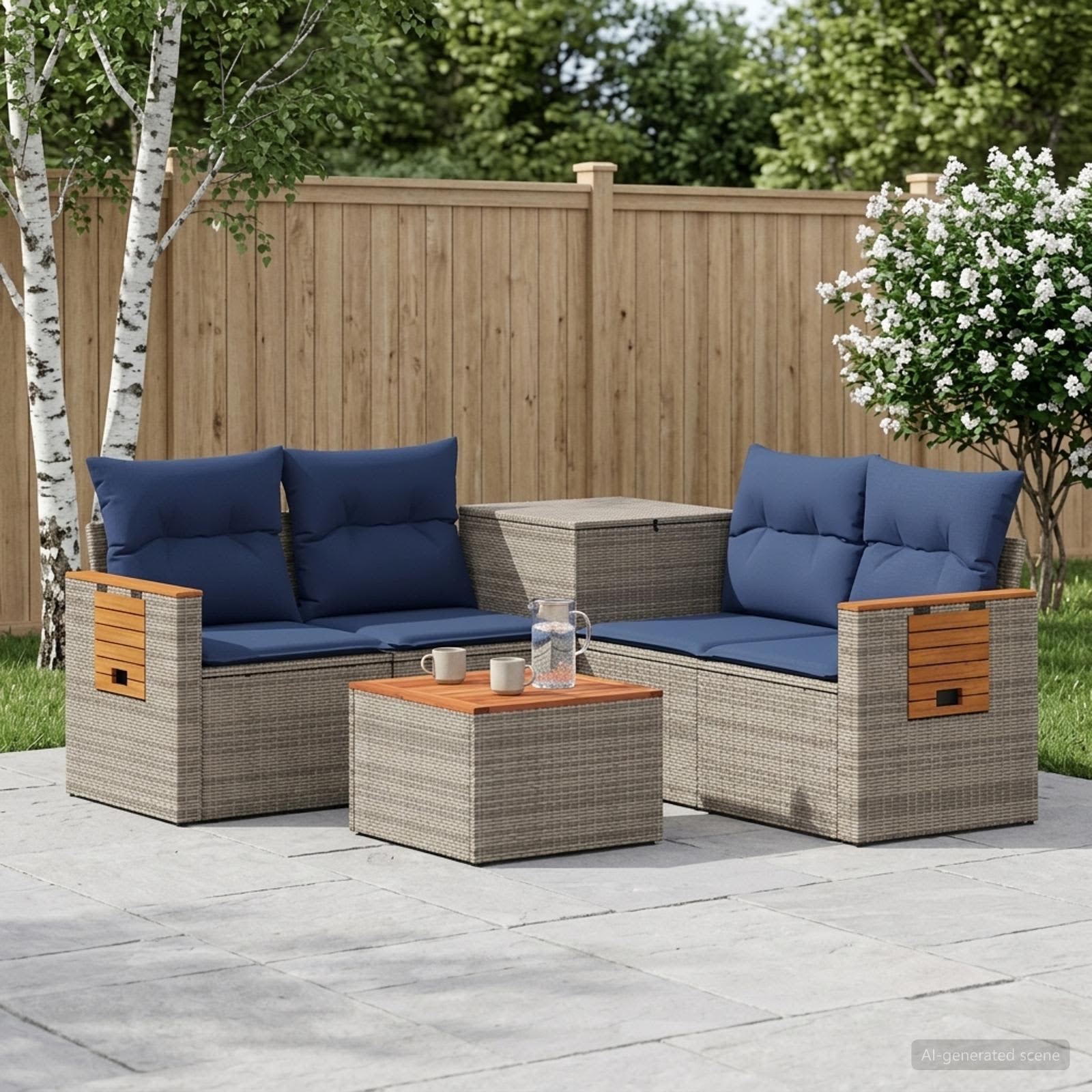 Sofa Set 6 stk. Grau und Marineblau Polyrattan und Stahl