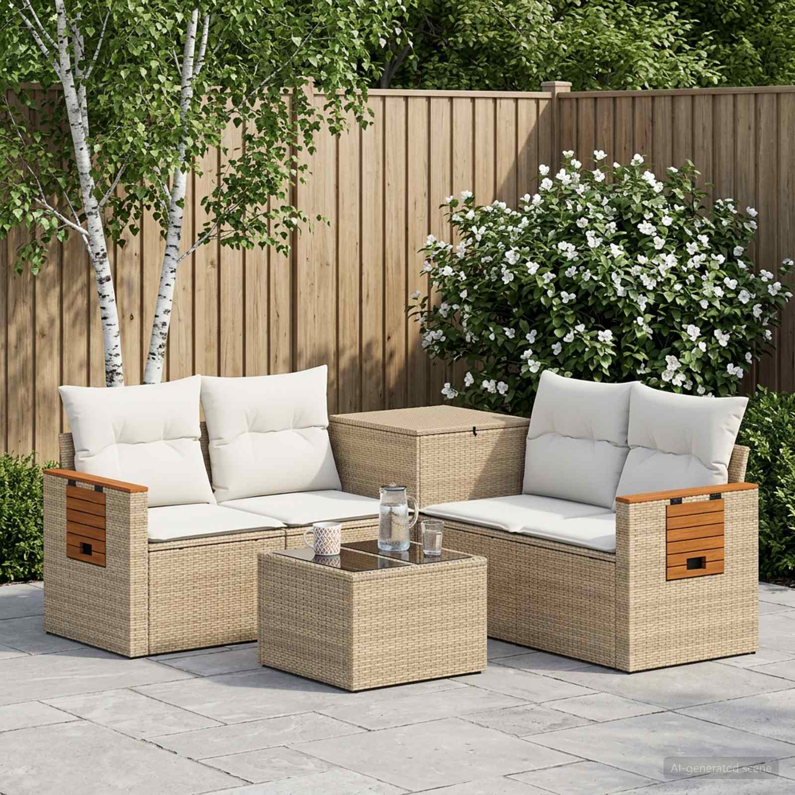 Sofa Set 6 stk. Beige und Cremeweiß Polyrattan und Stahl