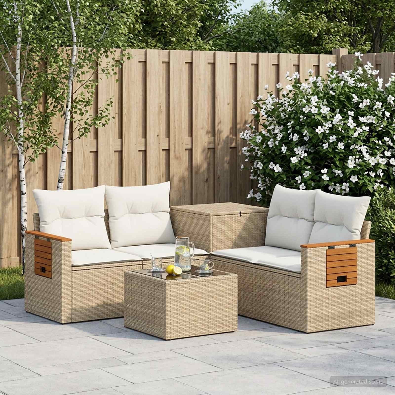 Sofa Set 6 stk. Beige und Cremeweiß Polyrattan und Stahl