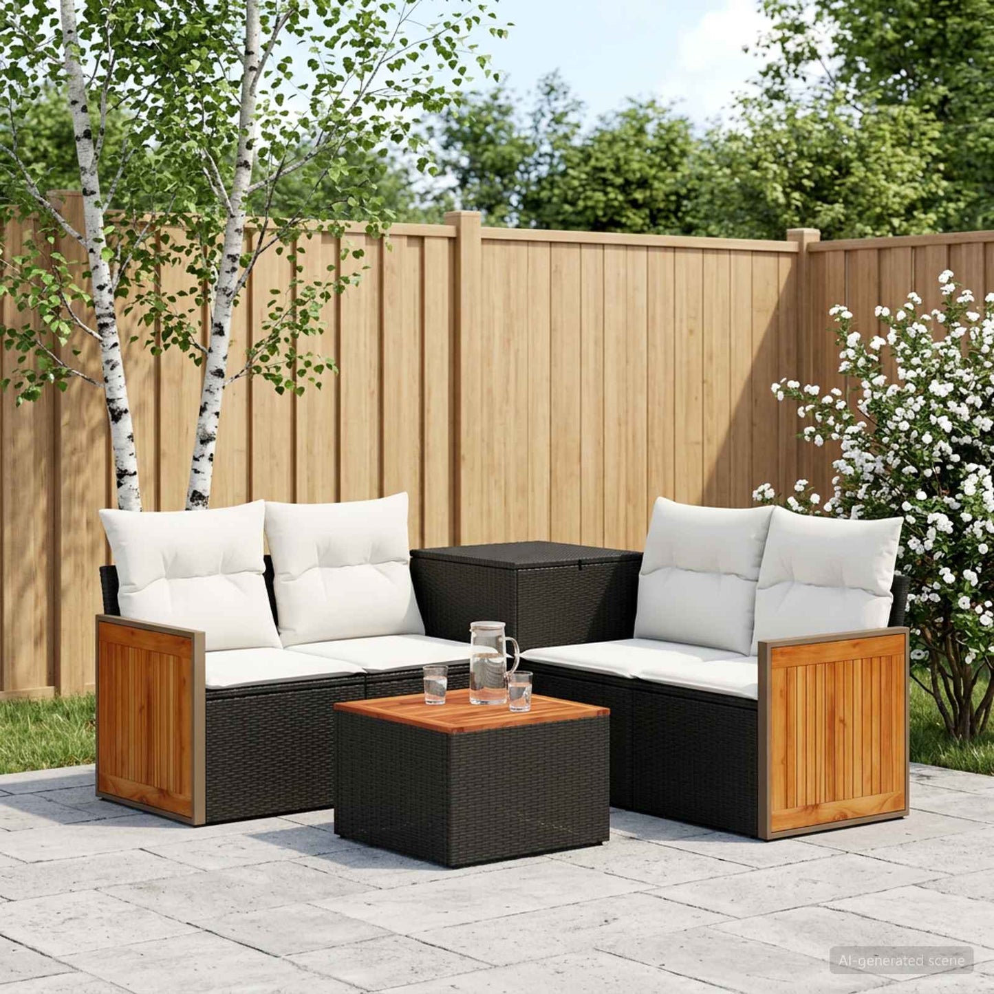 Sofa Set 6 stk. Schwarz und Cremeweiß Polyrattan und Stahl