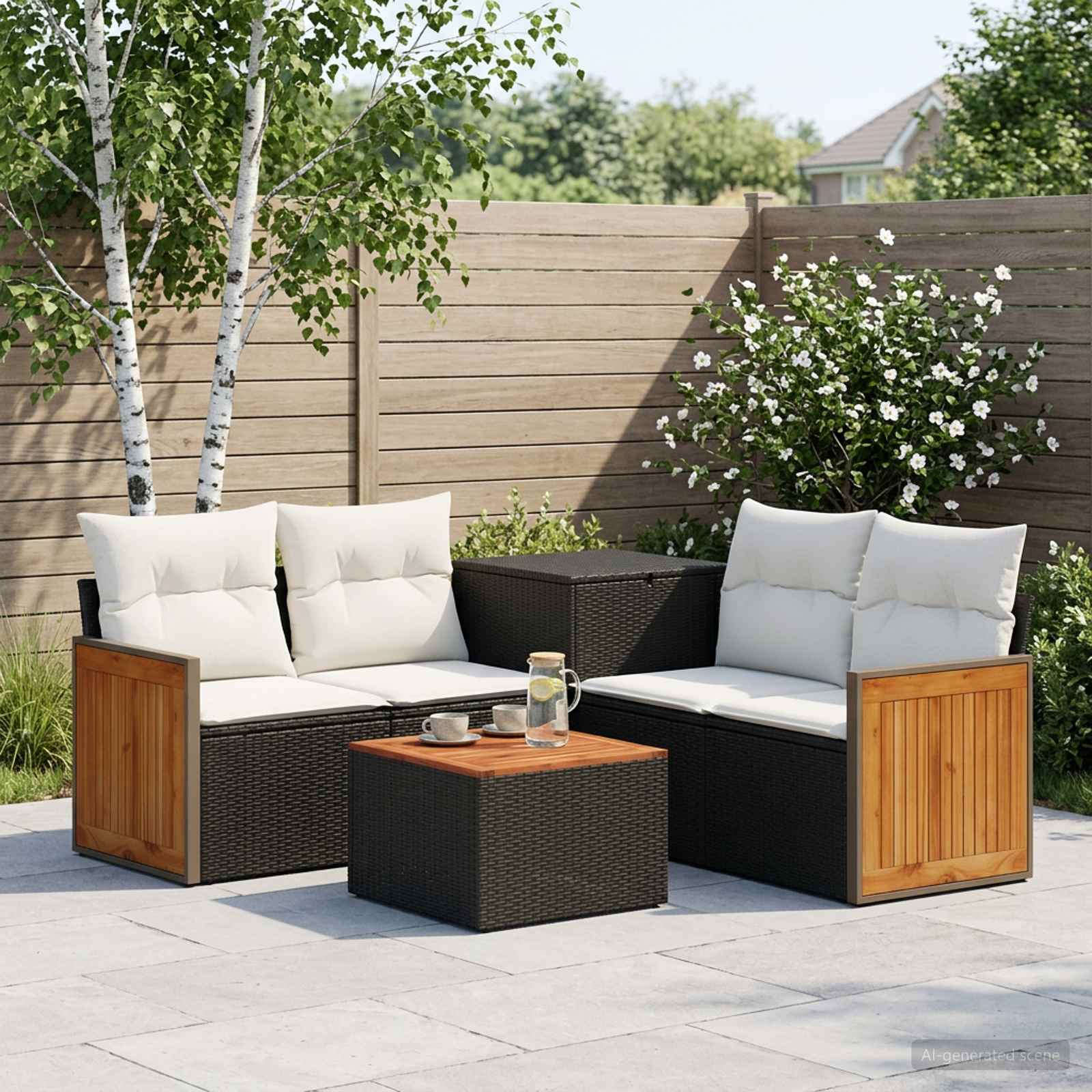 Sofa Set 6 stk. Schwarz und Cremeweiß Polyrattan und Stahl