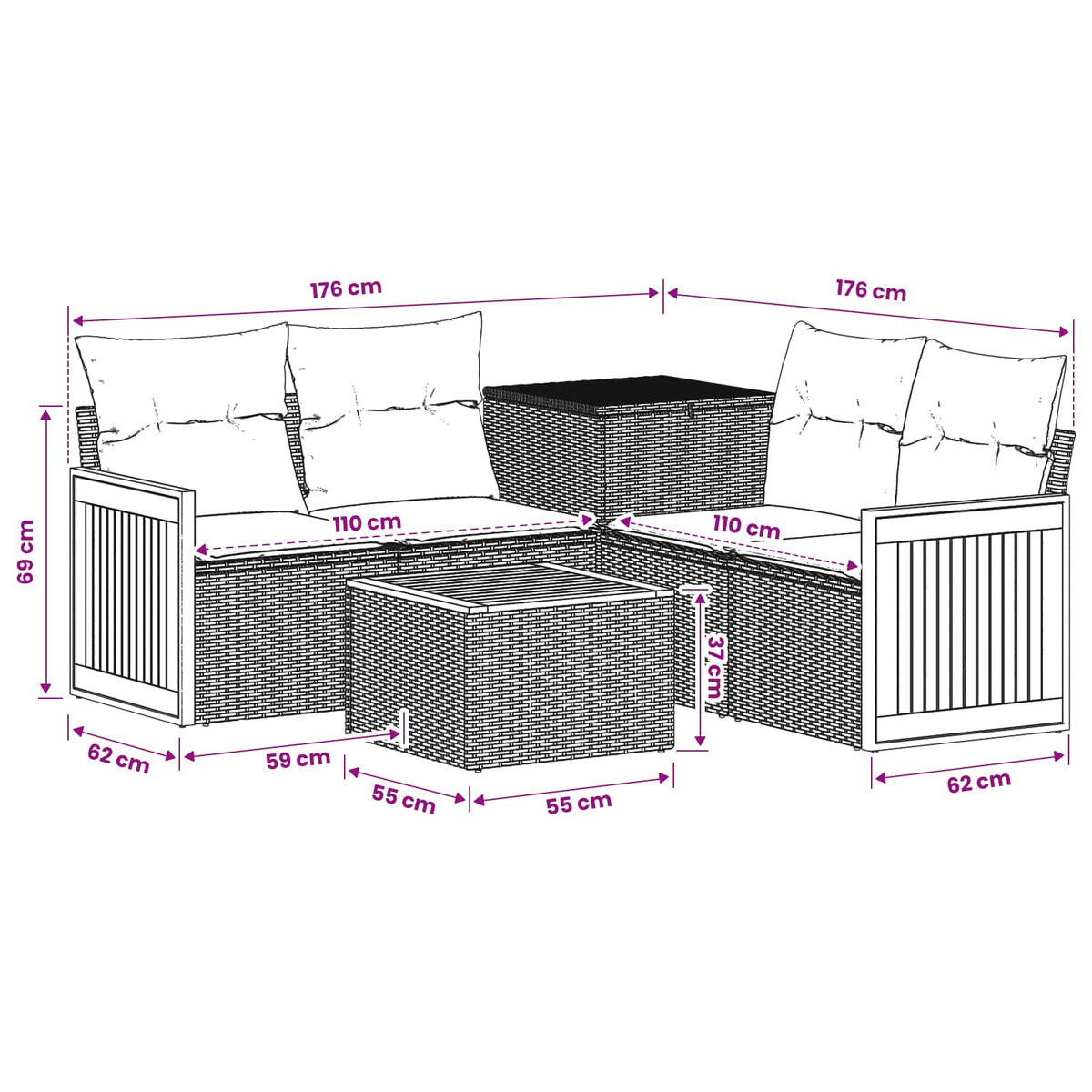 Sofa Set 6 stk. Schwarz und Cremeweiß 55 x 55 x 37 cm
