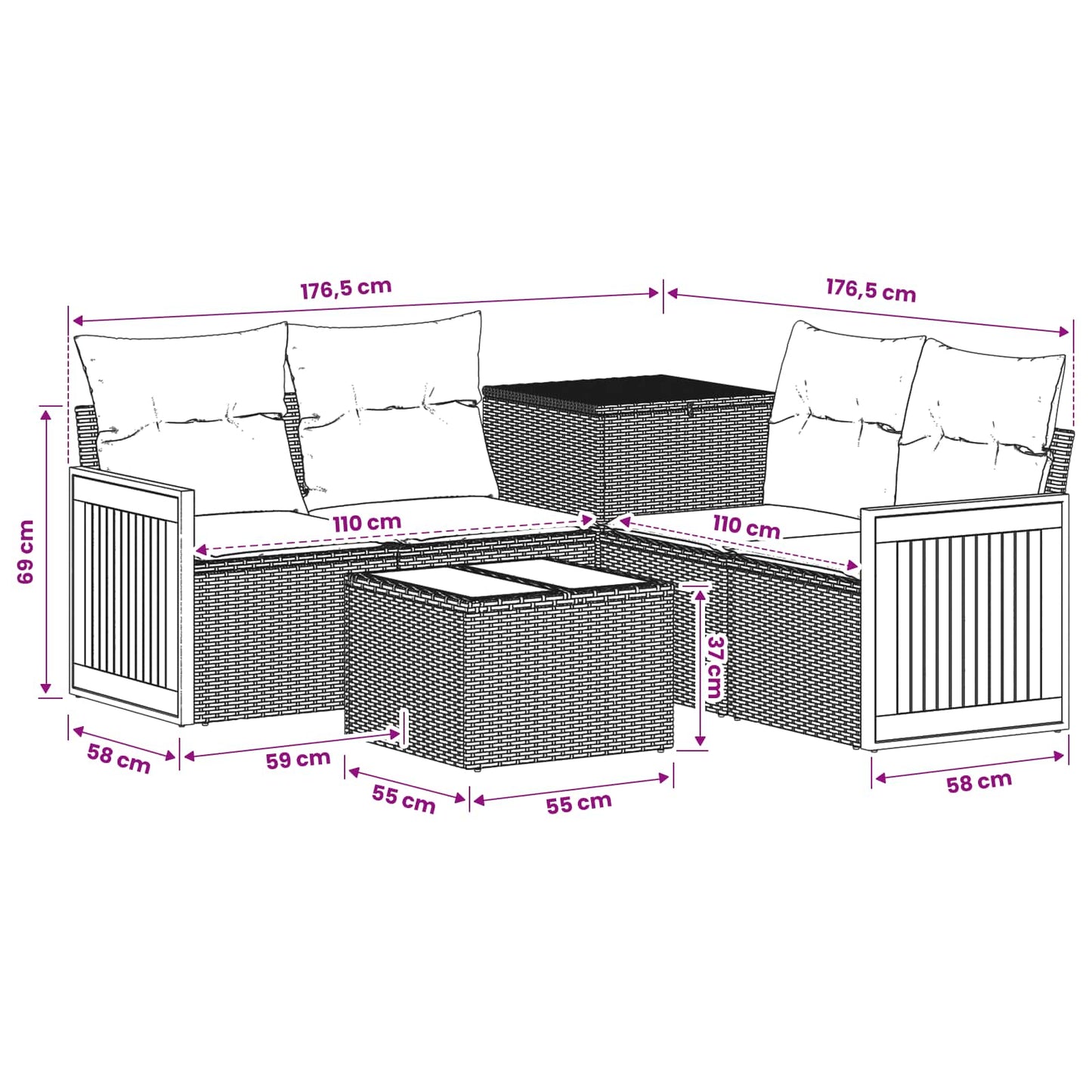 Sofa Set 6 stk. Grau und Dunkelgrau Polyrattan und Stahl