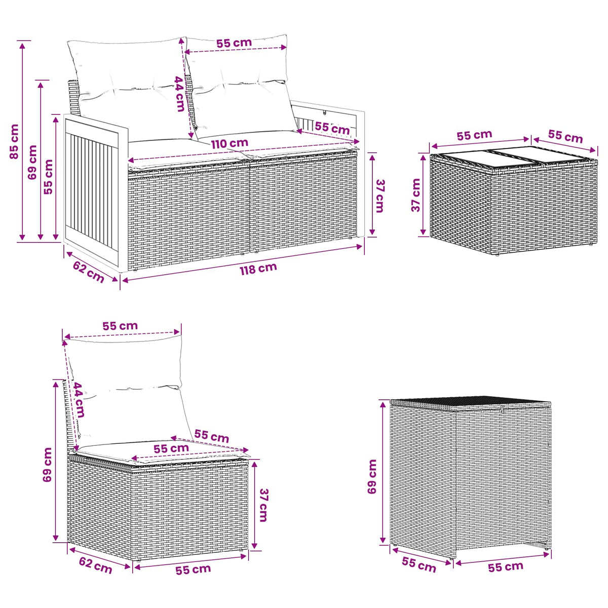 Sofa Set 6 stk. Grau und Dunkelgrau 55 x 55 x 37 cm