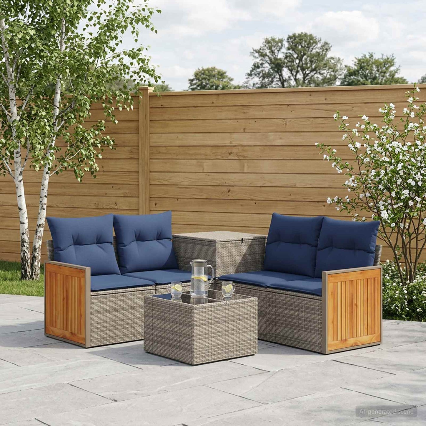 Sofa Set 6 stk. Grau und Marineblau Polyrattan und Stahl