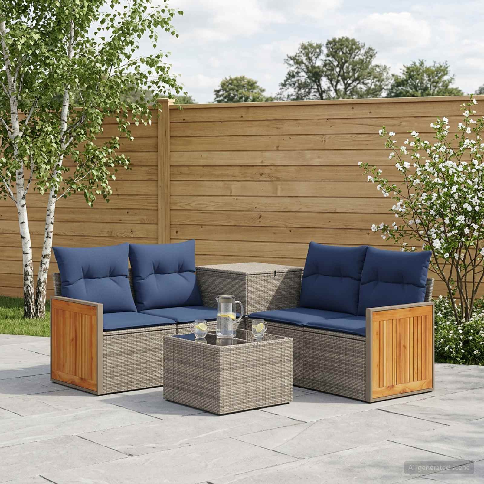 Sofa Set 6 stk. Grau und Marineblau Polyrattan und Stahl