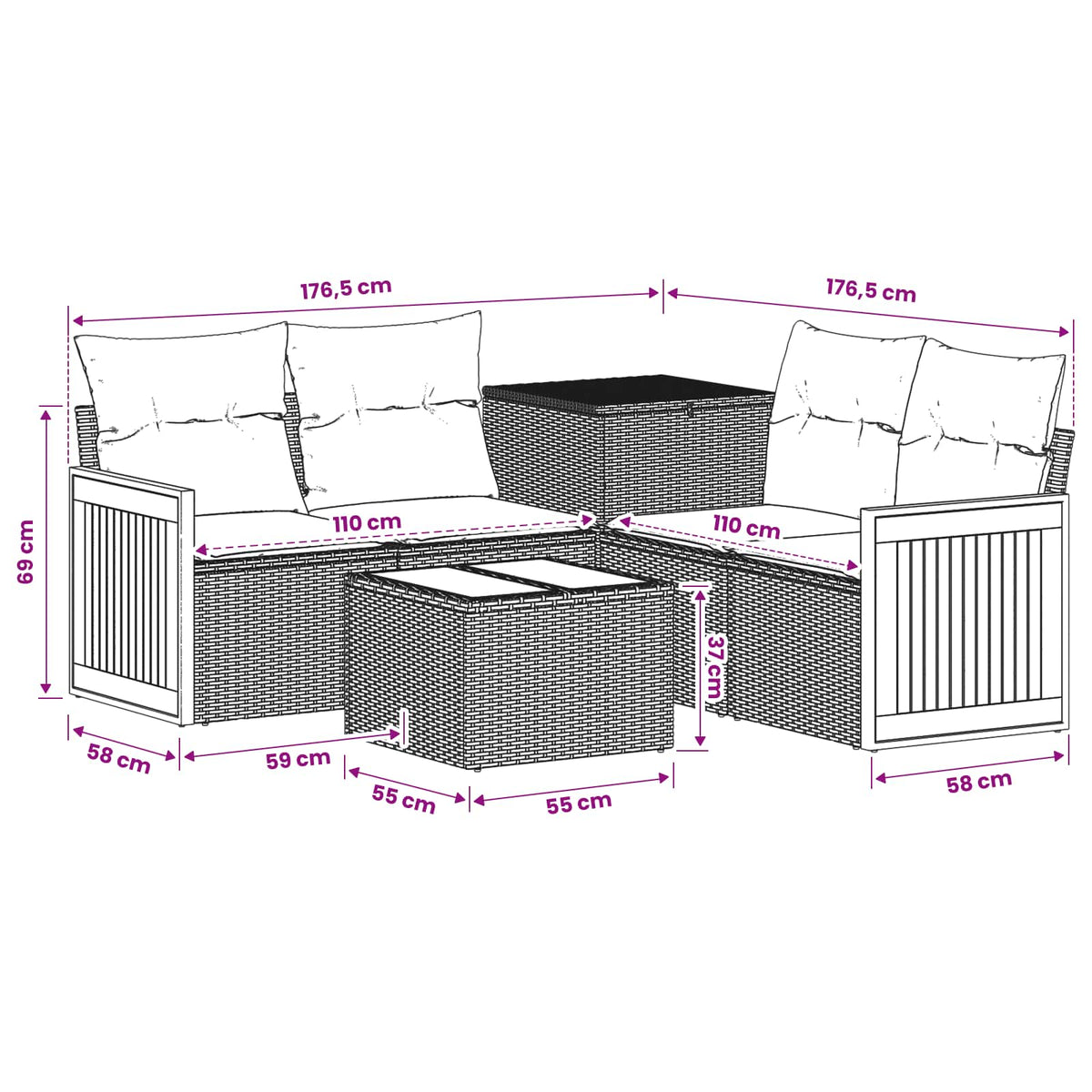 Sofa Set 6 stk. Grau und Marineblau 55 x 55 x 37 cm