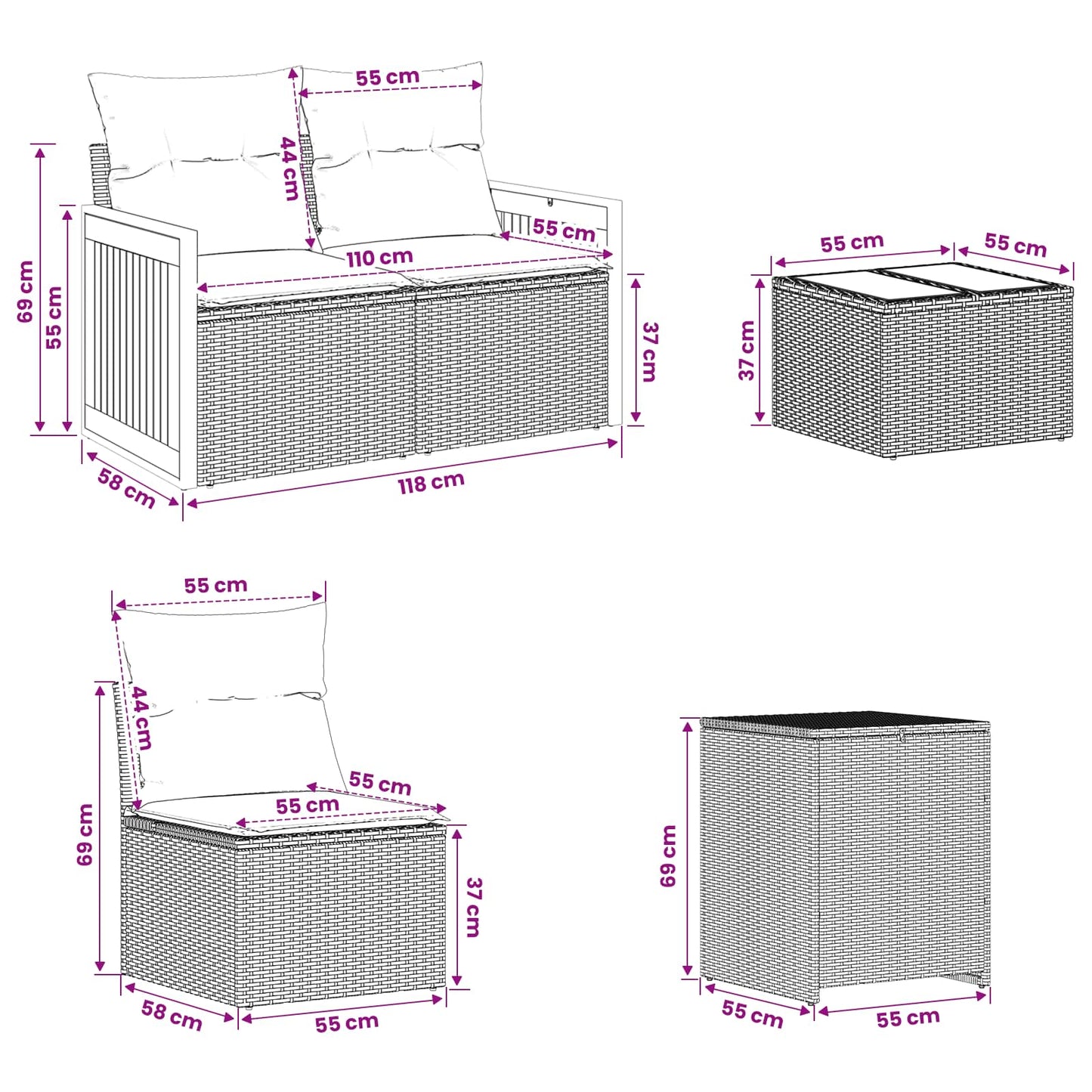 Sofa Set 6 stk. Grau und Dunkelgrau Polyrattan und Stahl