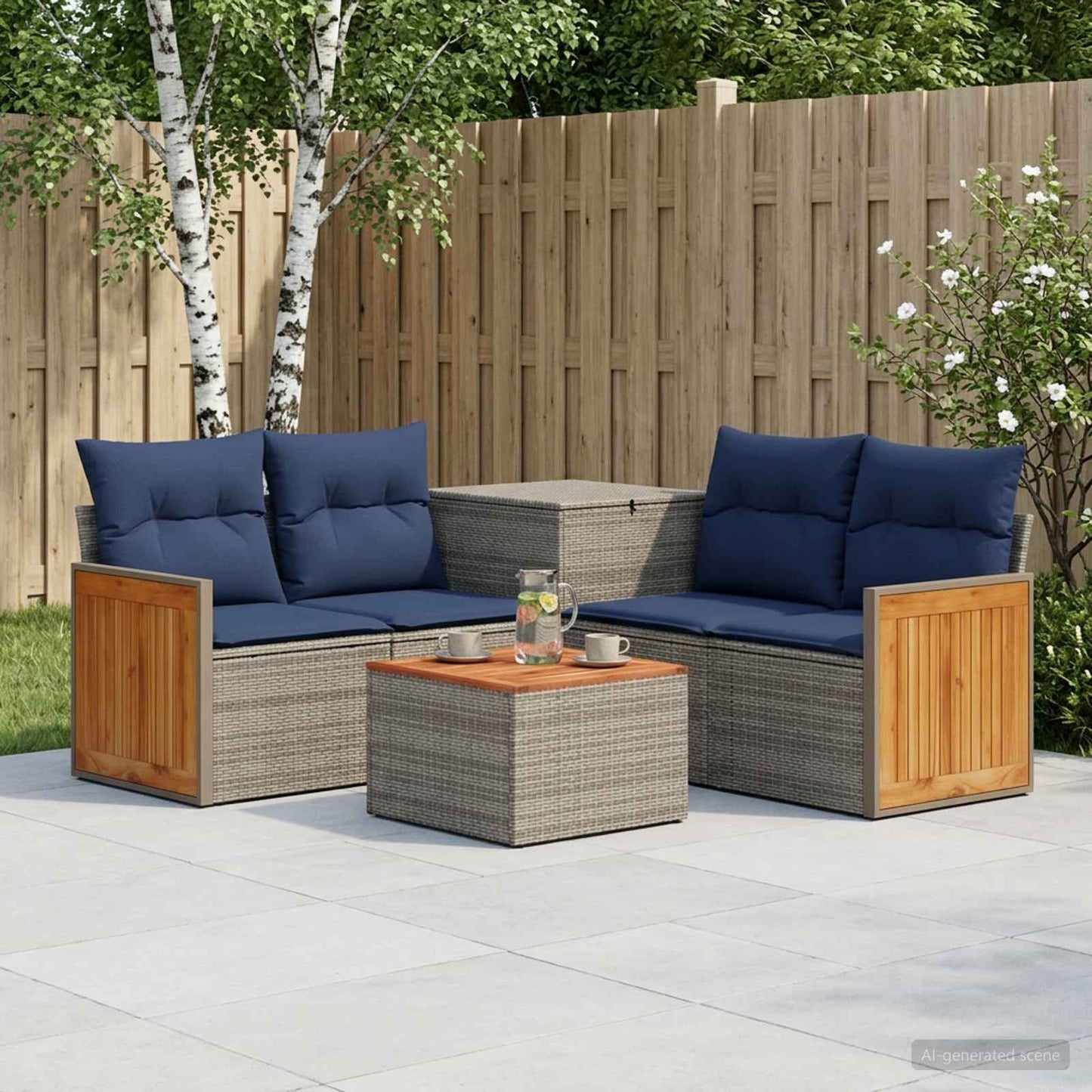 Sofa Set 6 stk. Grau und Marineblau Polyrattan und Stahl