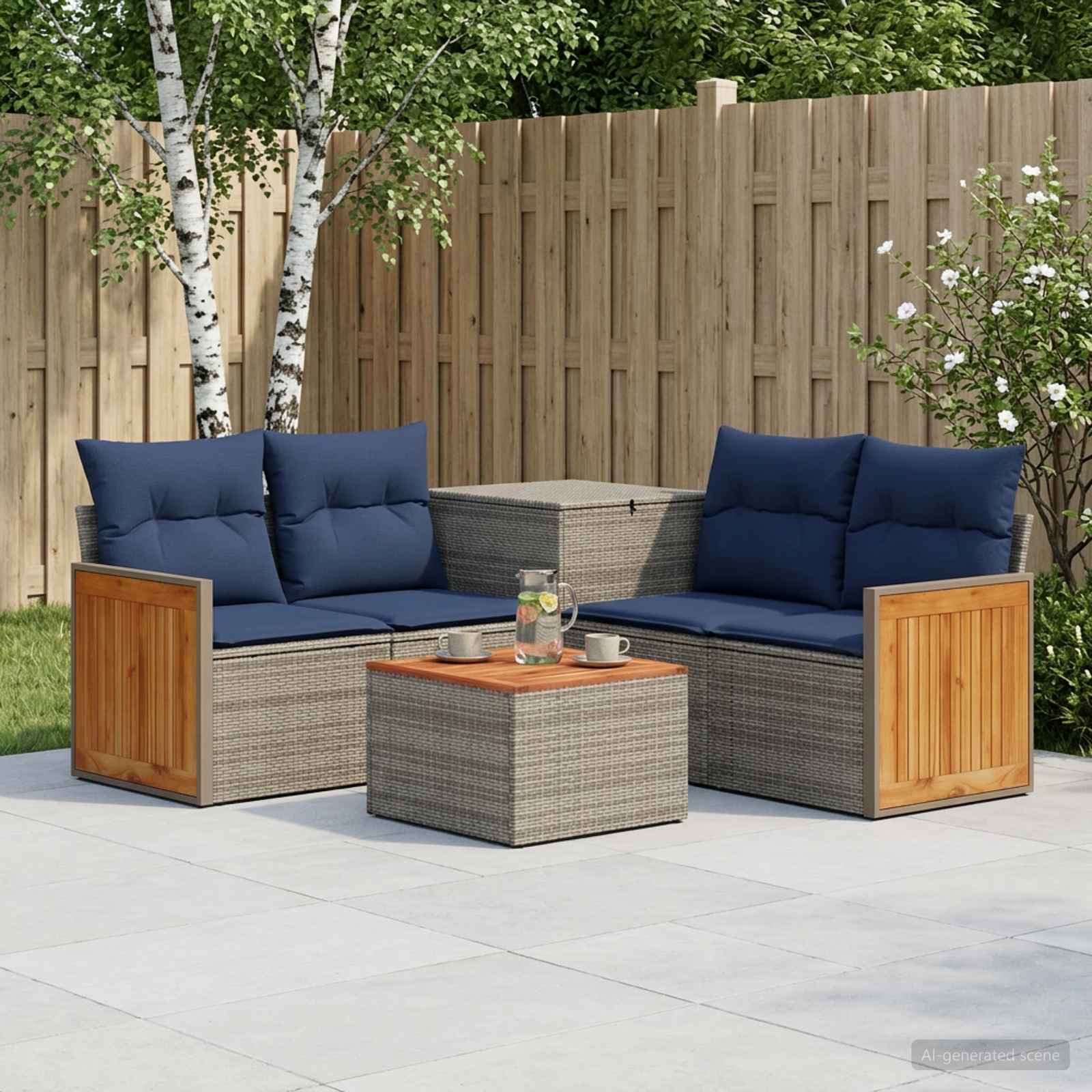 Sofa Set 6 stk. Grau und Marineblau Polyrattan und Stahl