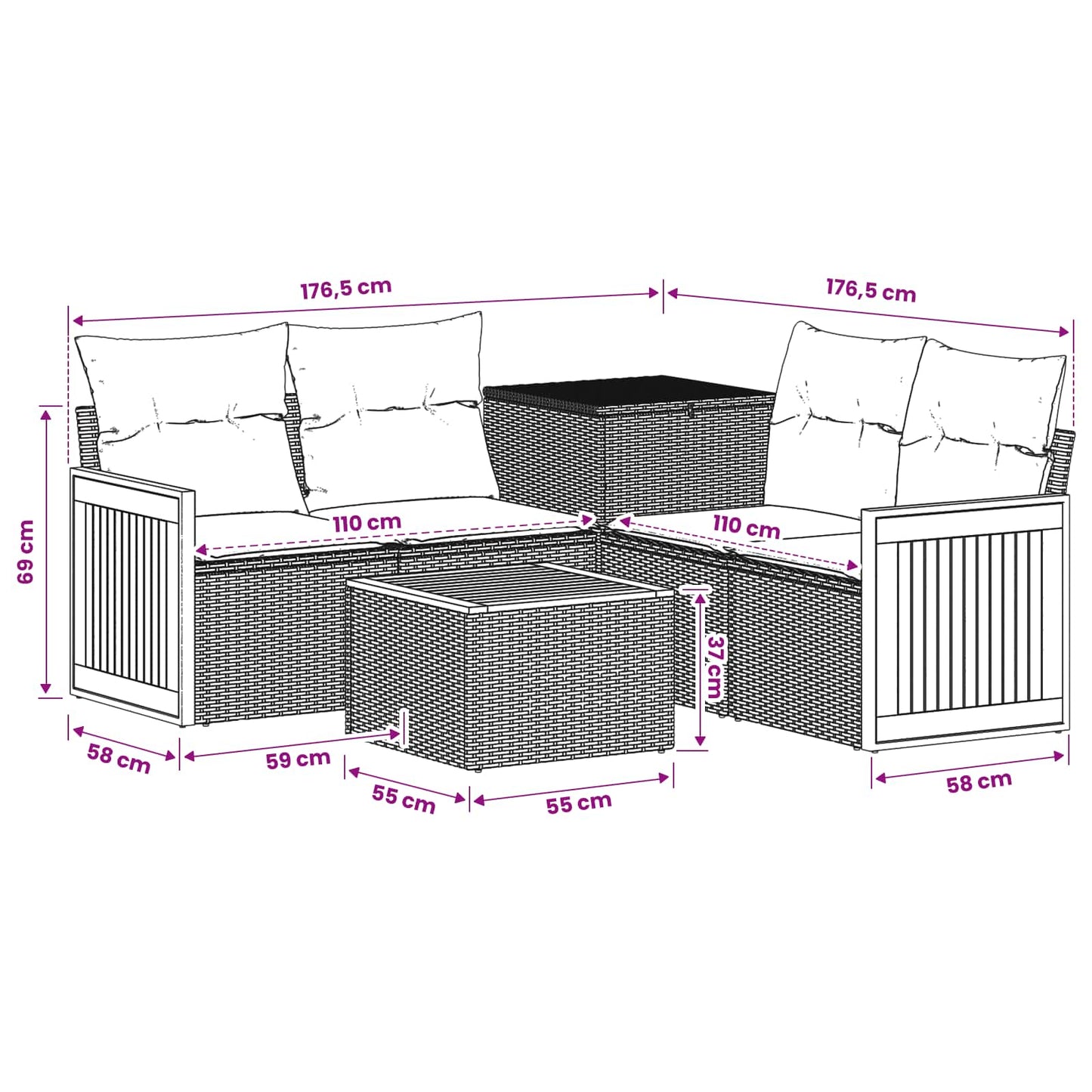 Sofa Set 6 stk. Grau und Marineblau Polyrattan und Stahl