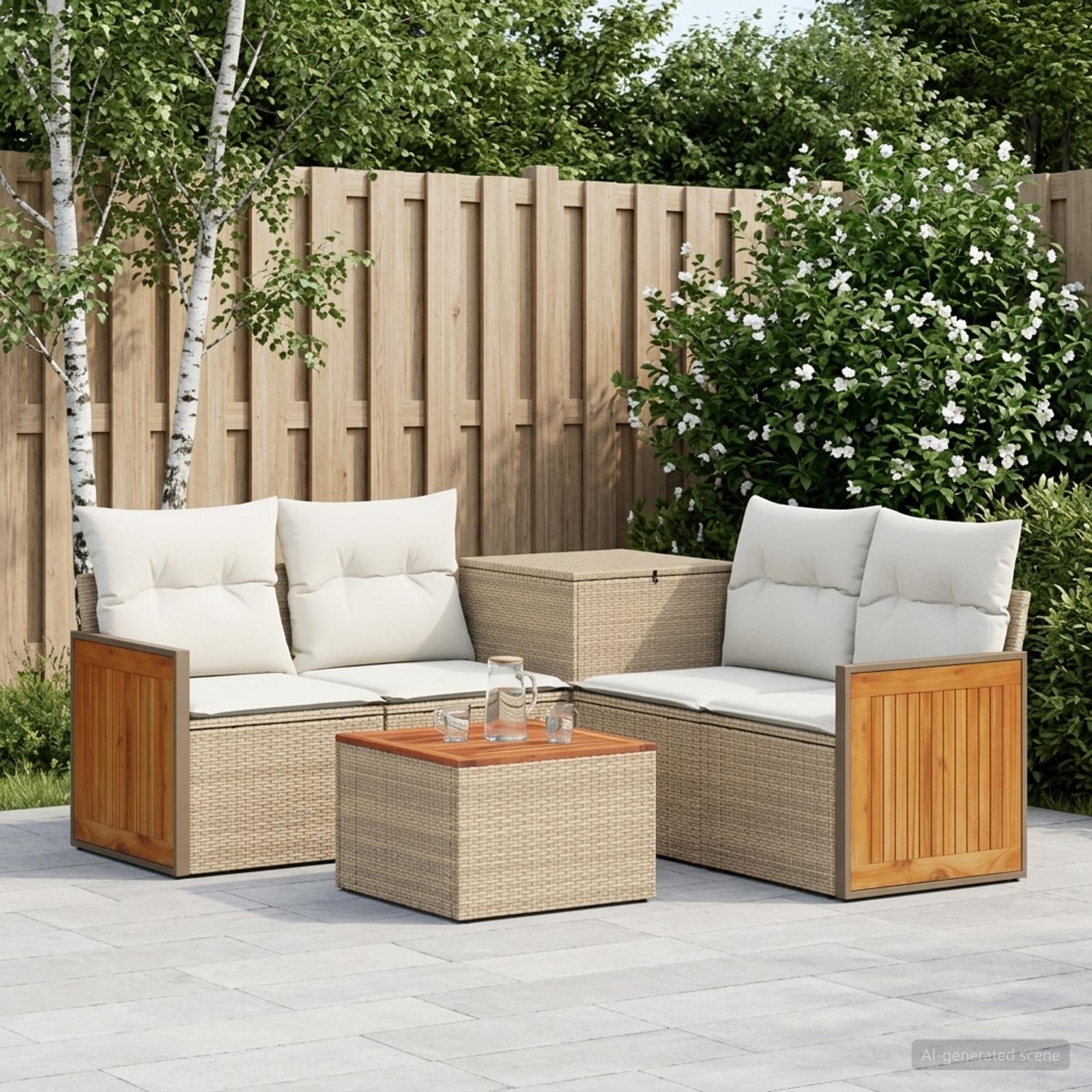 Sofa Set 6 stk. Beige und Cremeweiß Polyrattan und Stahl