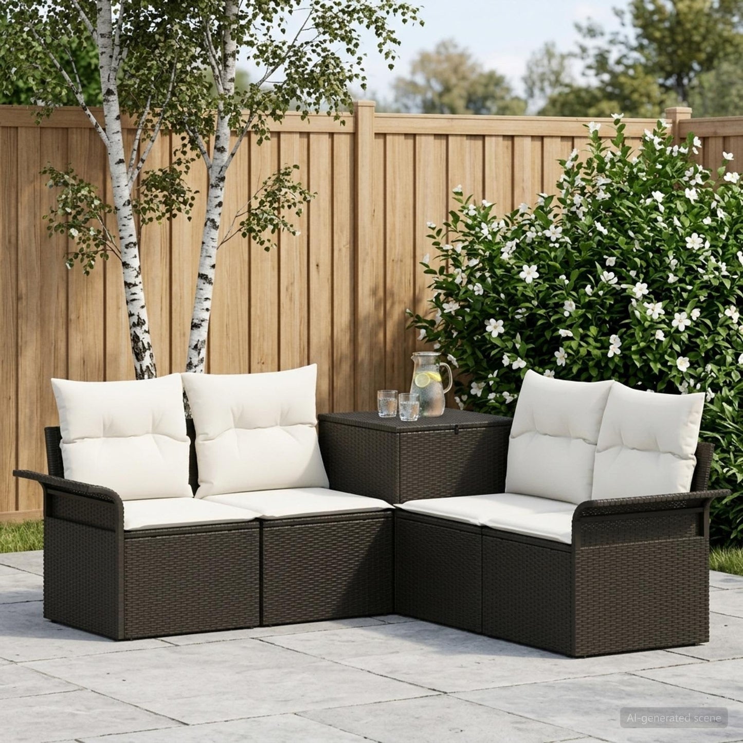 Sofa Set 5 stk. Schwarz und Cremeweiß Polyrattan und Stahl