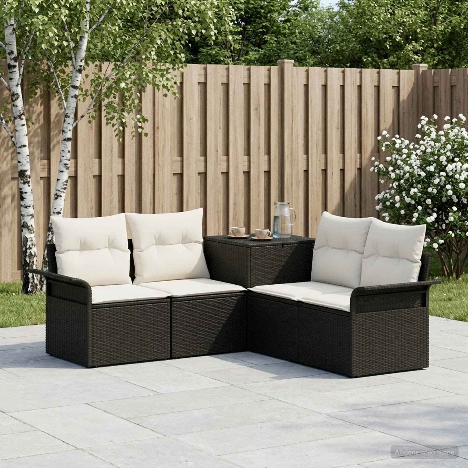 Sofa Set 5 stk. Schwarz und Cremeweiß Polyrattan und Stahl