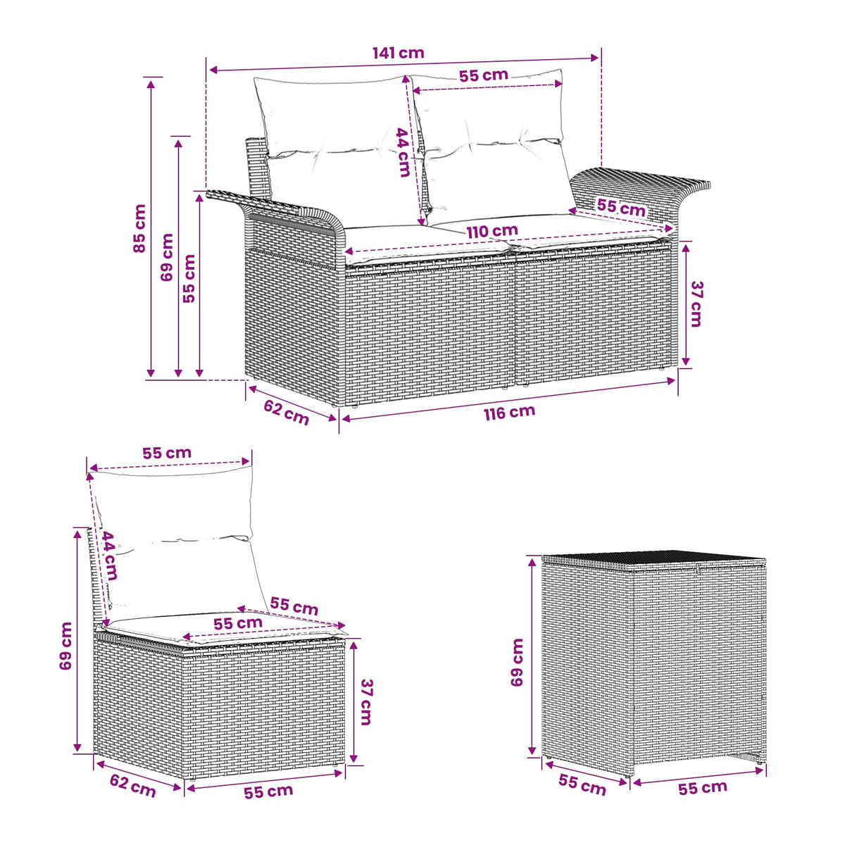 Sofa Set 5 stk. Schwarz und Cremeweiß 187,5 x 187,5 x 85 cm