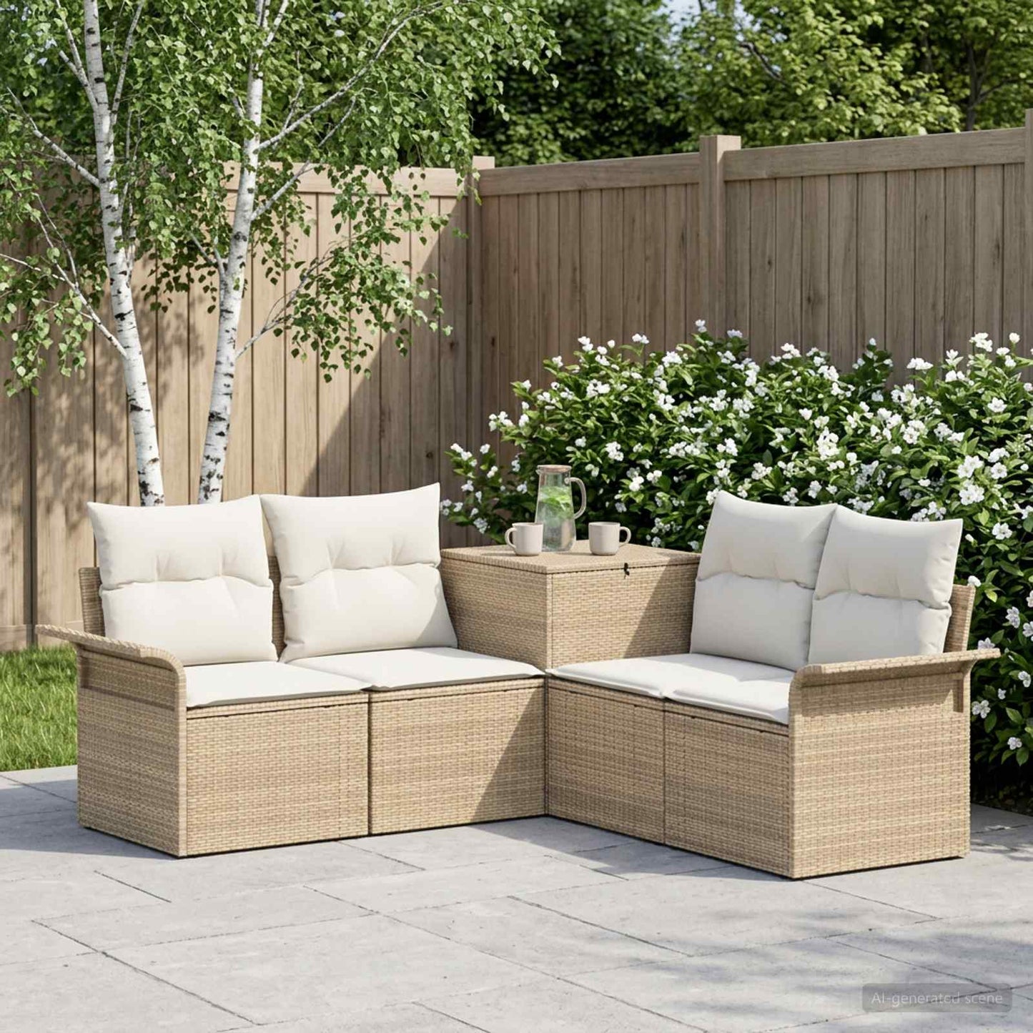 Sofa Set 5 stk. Beige und Cremeweiß Polyrattan und Stahl