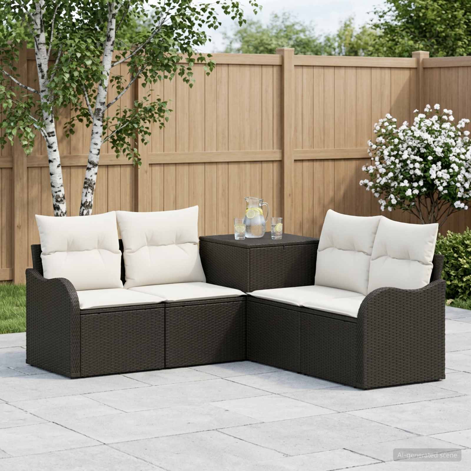 Sofa Set 5 stk. Schwarz und Cremeweiß Polyrattan und Stahl