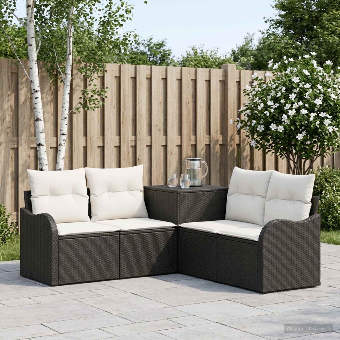Sofa Set 5 stk. Schwarz und Cremeweiß Polyrattan und Stahl