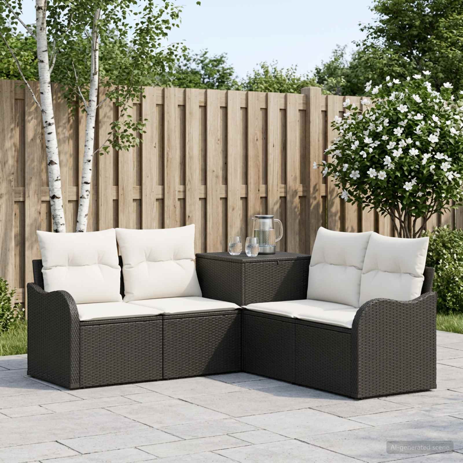 Sofa Set 5 stk. Schwarz und Cremeweiß Polyrattan und Stahl