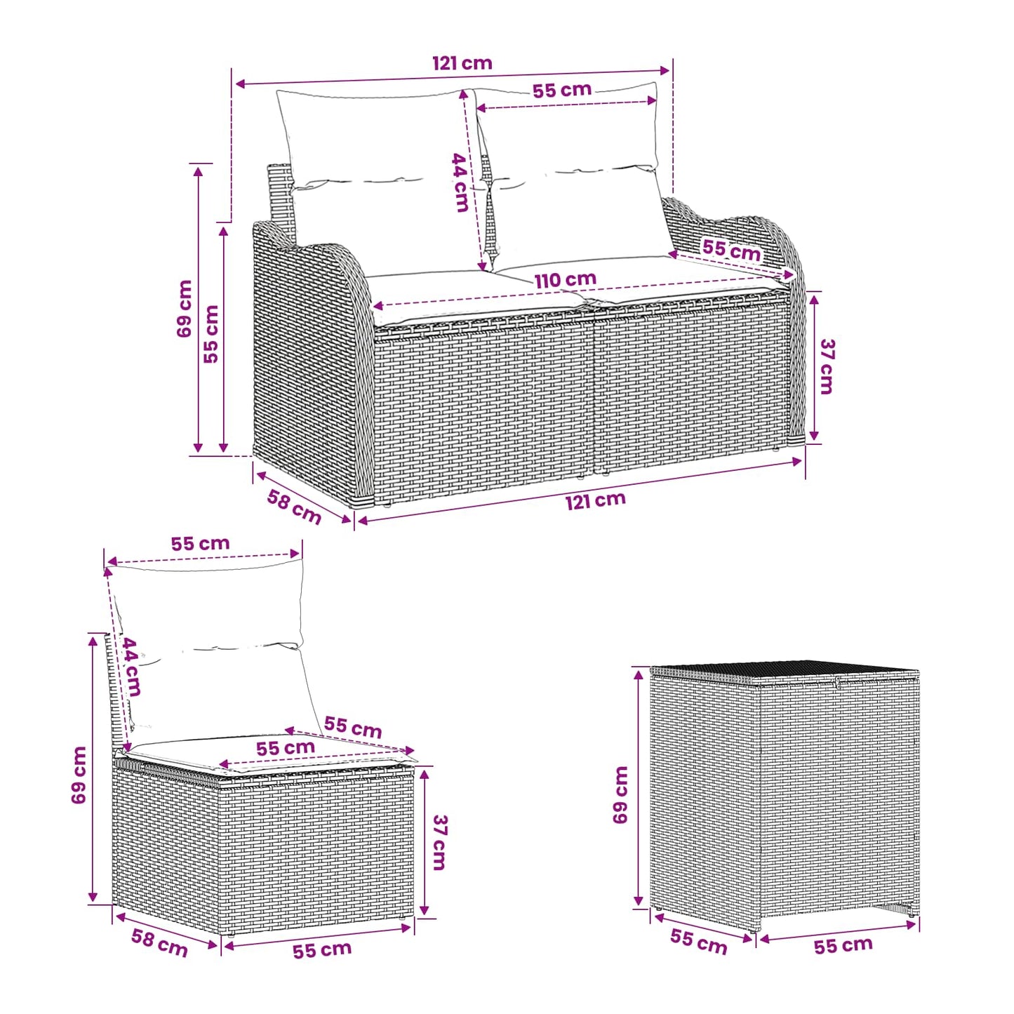 Sofa Set 5 stk. Schwarz und Cremeweiß Polyrattan und Stahl