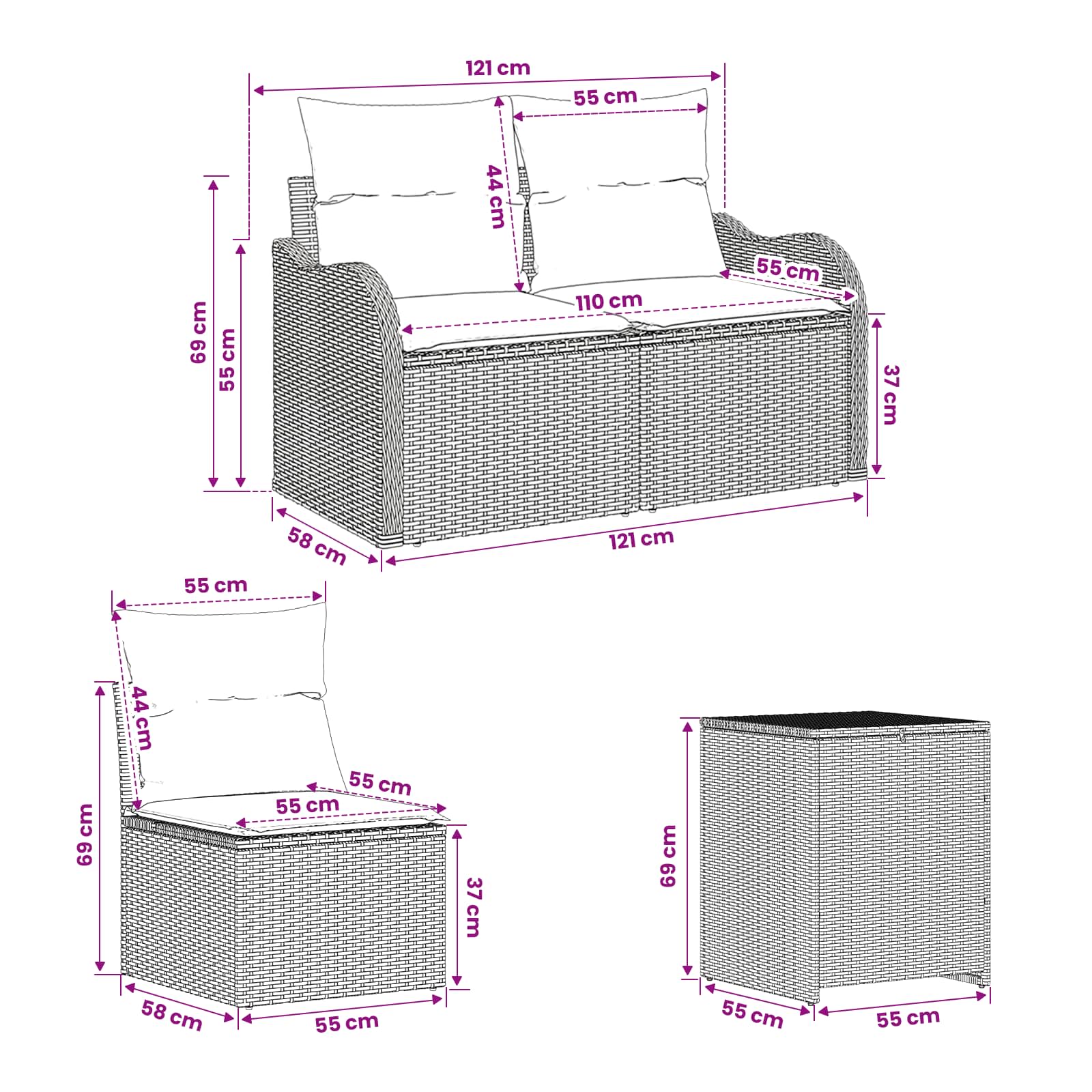 Sofa Set 5 stk. Schwarz und Cremeweiß Polyrattan und Stahl