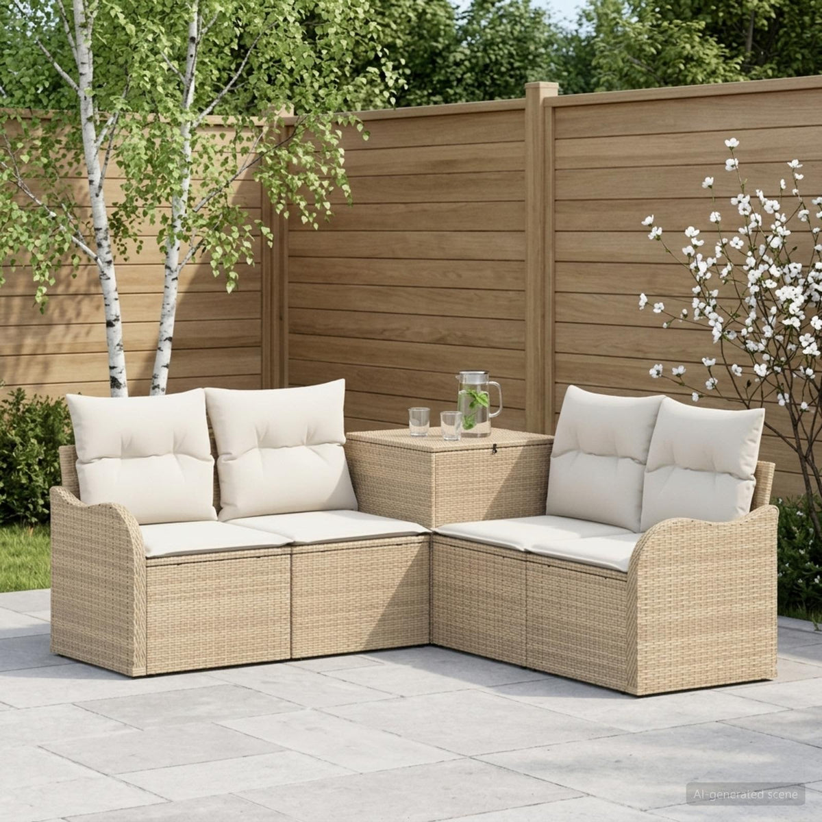Sofa Set 5 stk. Beige und Cremeweiß Polyrattan und Stahl
