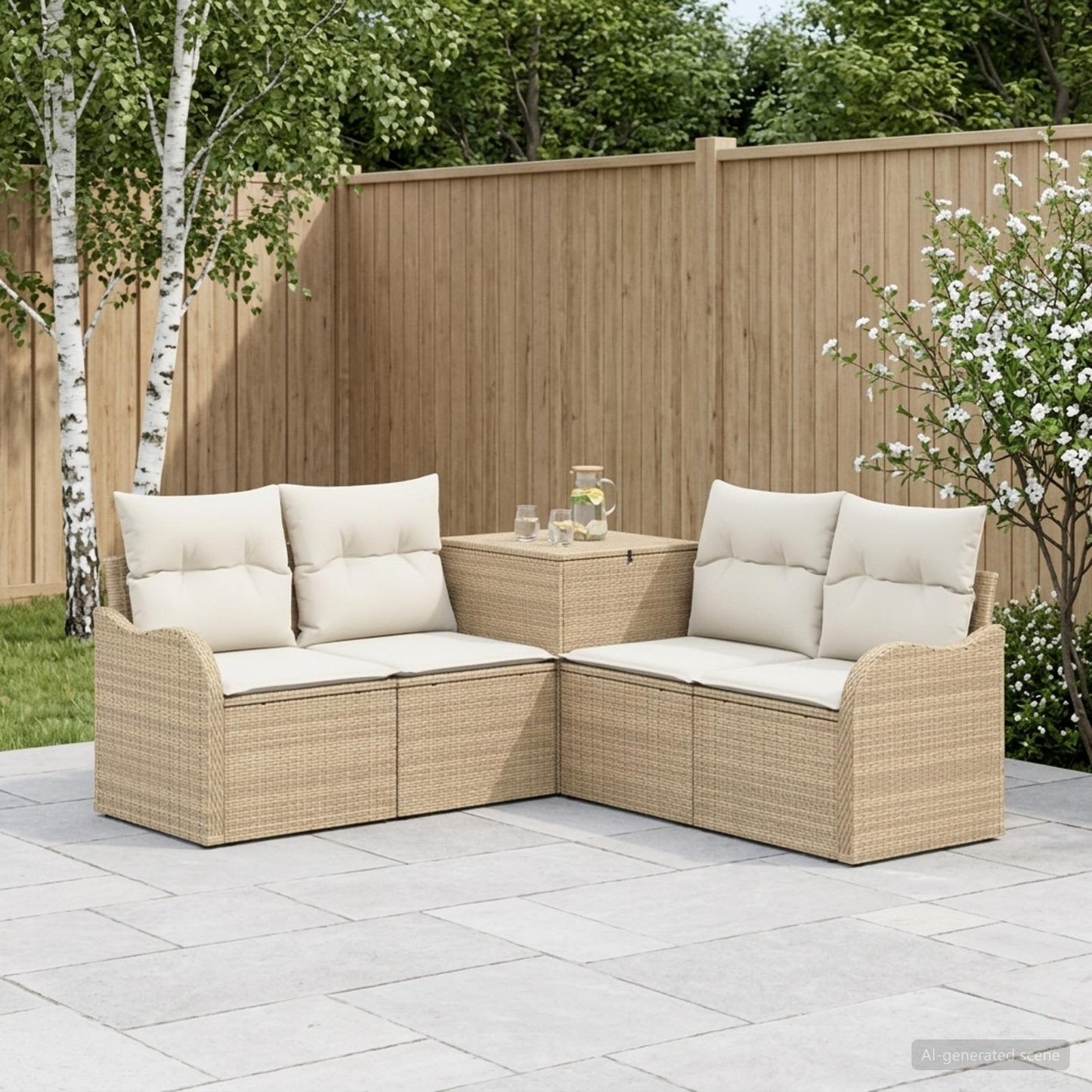 Sofa Set 5 stk. Beige und Cremeweiß Polyrattan und Stahl