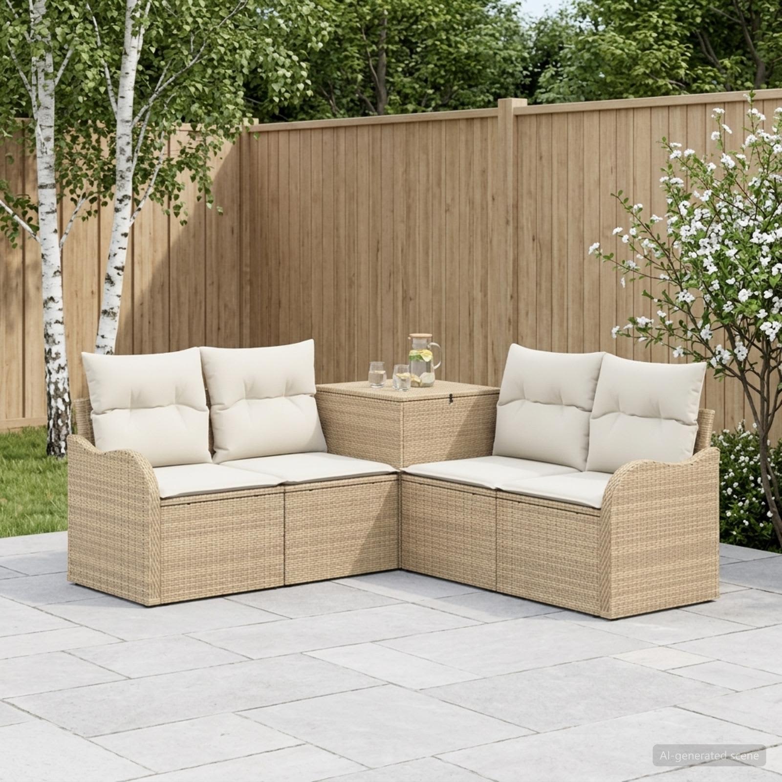 Sofa Set 5 stk. Beige und Cremeweiß Polyrattan und Stahl